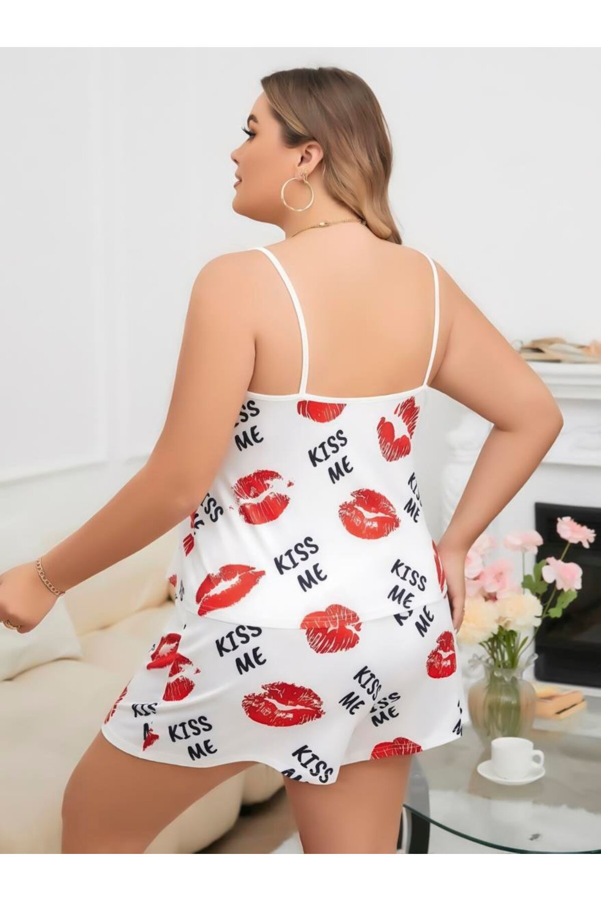 Aria's Closet Büyük Beden Kiss Me Öpücük Desen Pamuklu Şortlu Pijama Takimi