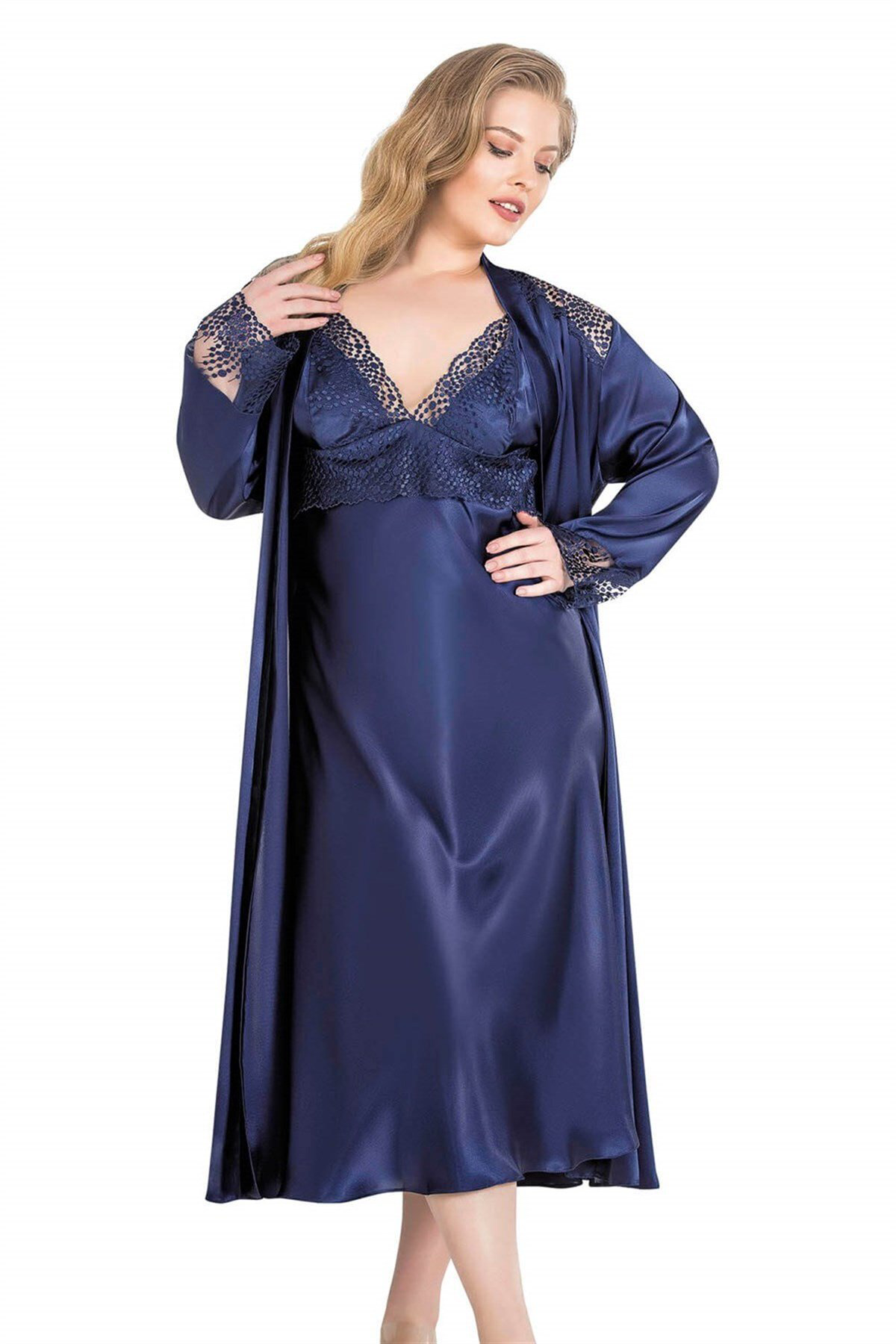 Aria's Closet Büyük Beden Lacivert Uzun İkili Saten Sabahlık Gecelik Takımı