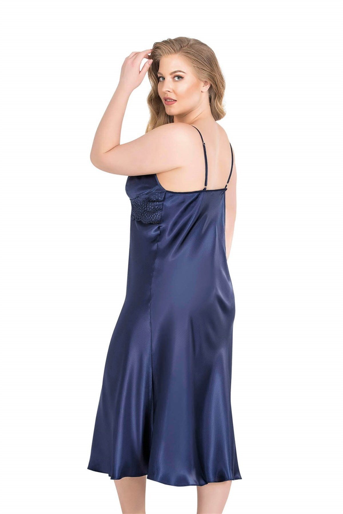 Aria's Closet Büyük Beden Lacivert Uzun İkili Saten Sabahlık Gecelik Takımı