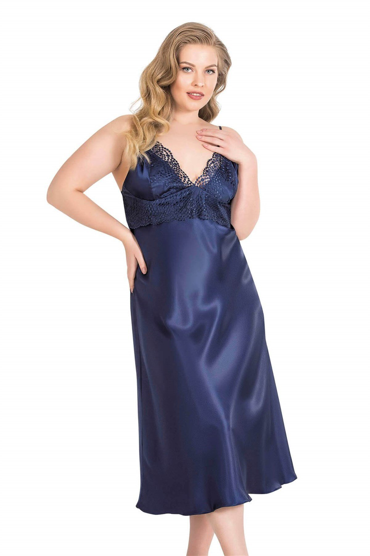 Aria's Closet Büyük Beden Lacivert Uzun İkili Saten Sabahlık Gecelik Takımı