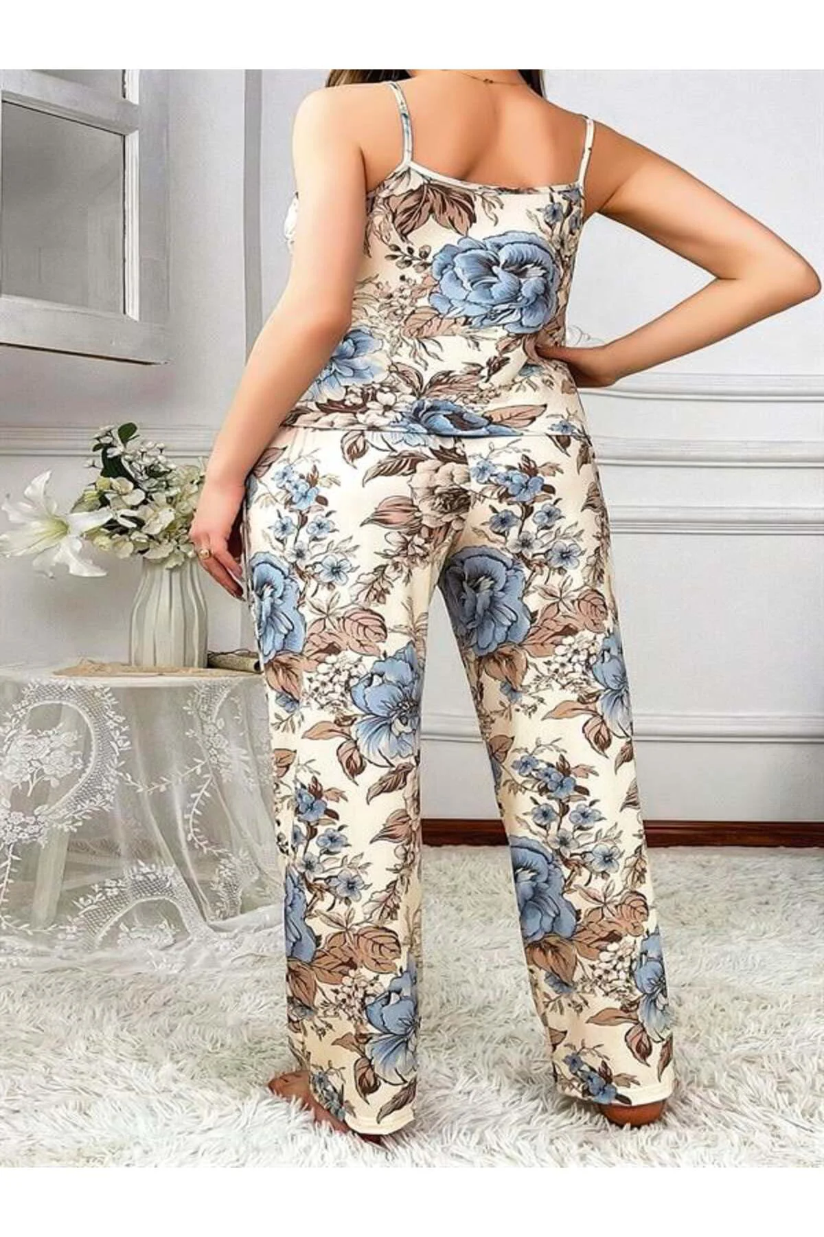 Büyük Beden Mavi Çiçek Desenli İnce Askılı 2’li Saten Pijama