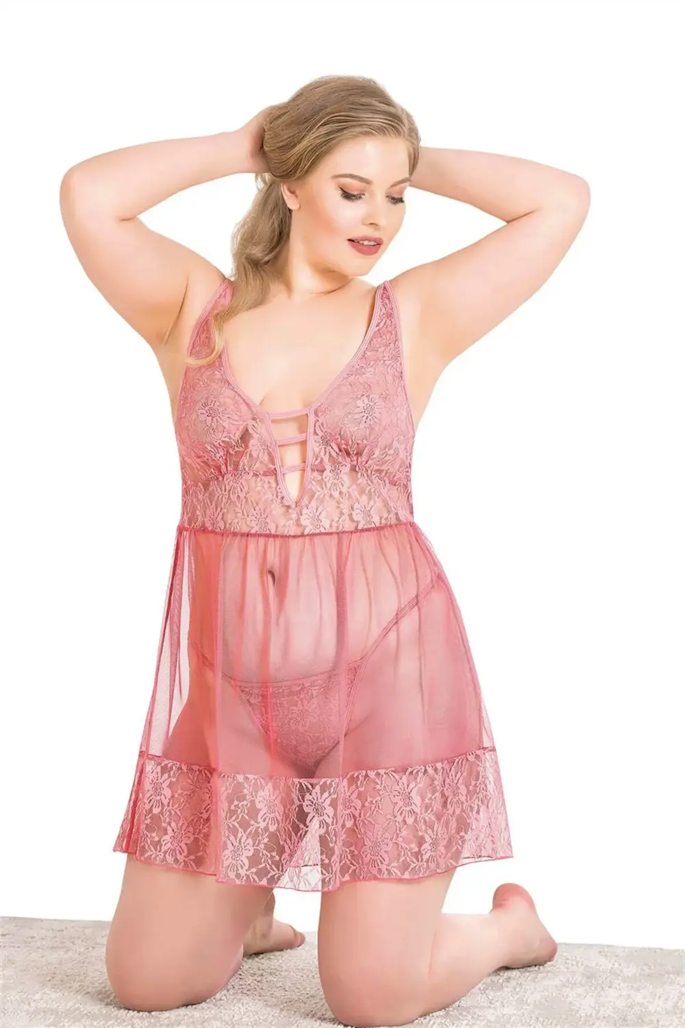 Büyük Beden Mercan Kısa Tül Gecelik