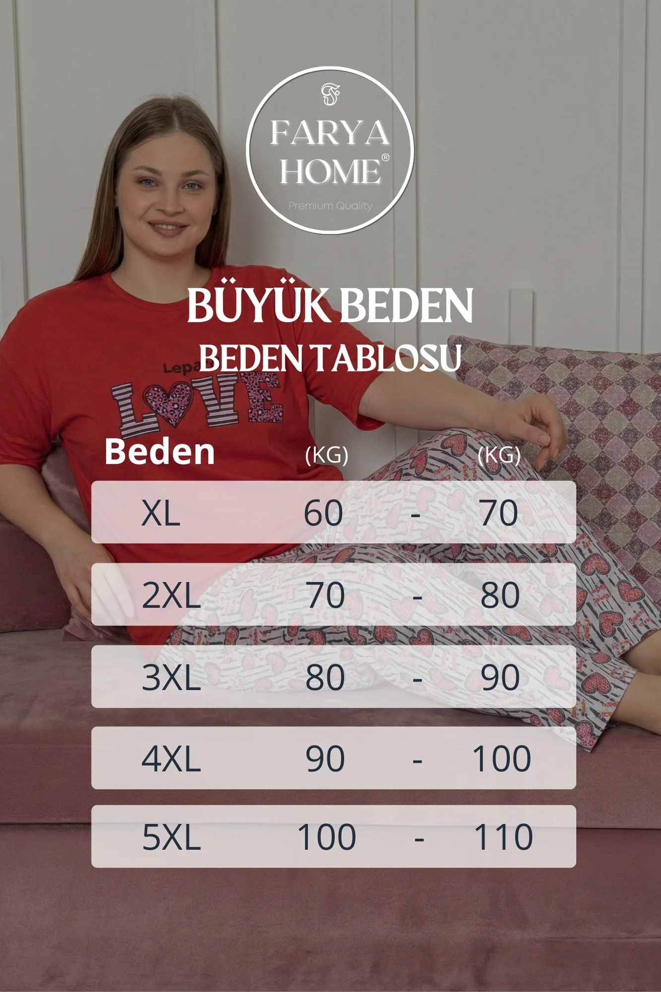 Büyük Beden Pamuklu Desenli Kısa Kollu Pijama Takımı, Kırmızı, 2XL Büyük Beden Pamuklu Desenli Kısa Kollu Pijama Takımı, Kırmızı, 2XL
