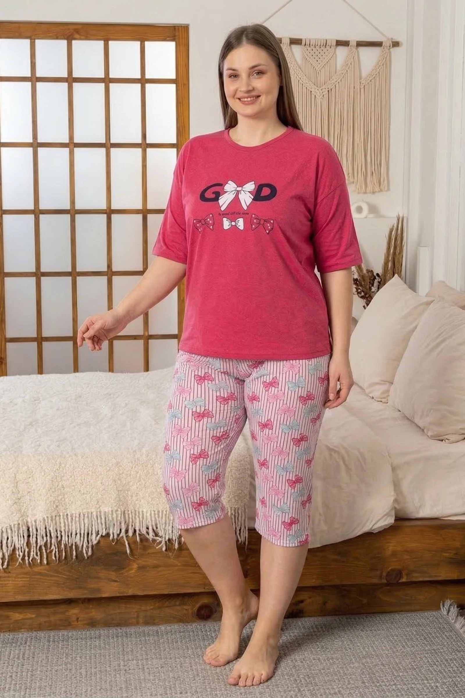 Büyük Beden Pamuklu Desenli Kısa Kollu Bermuda Kapri Pijama Takımı, Fuşya, XL Fiyatı, Yorumları ve Özellikleri