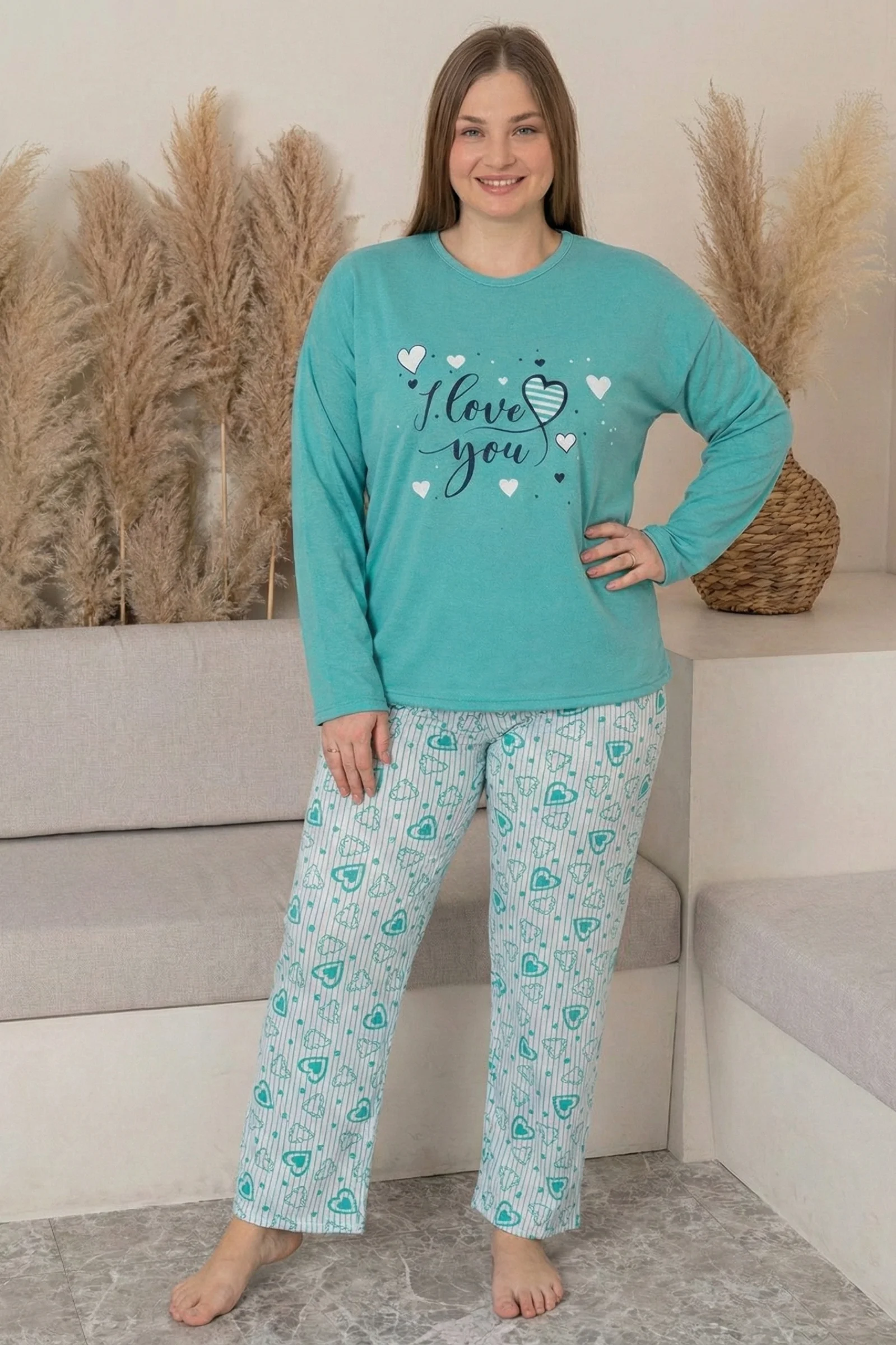 Büyük Beden Pamuklu Desenli Uzun Kollu Pijama Takımı, Mint, XL Büyük Beden Pamuklu Desenli Uzun Kollu Pijama Takımı, Mint, XL