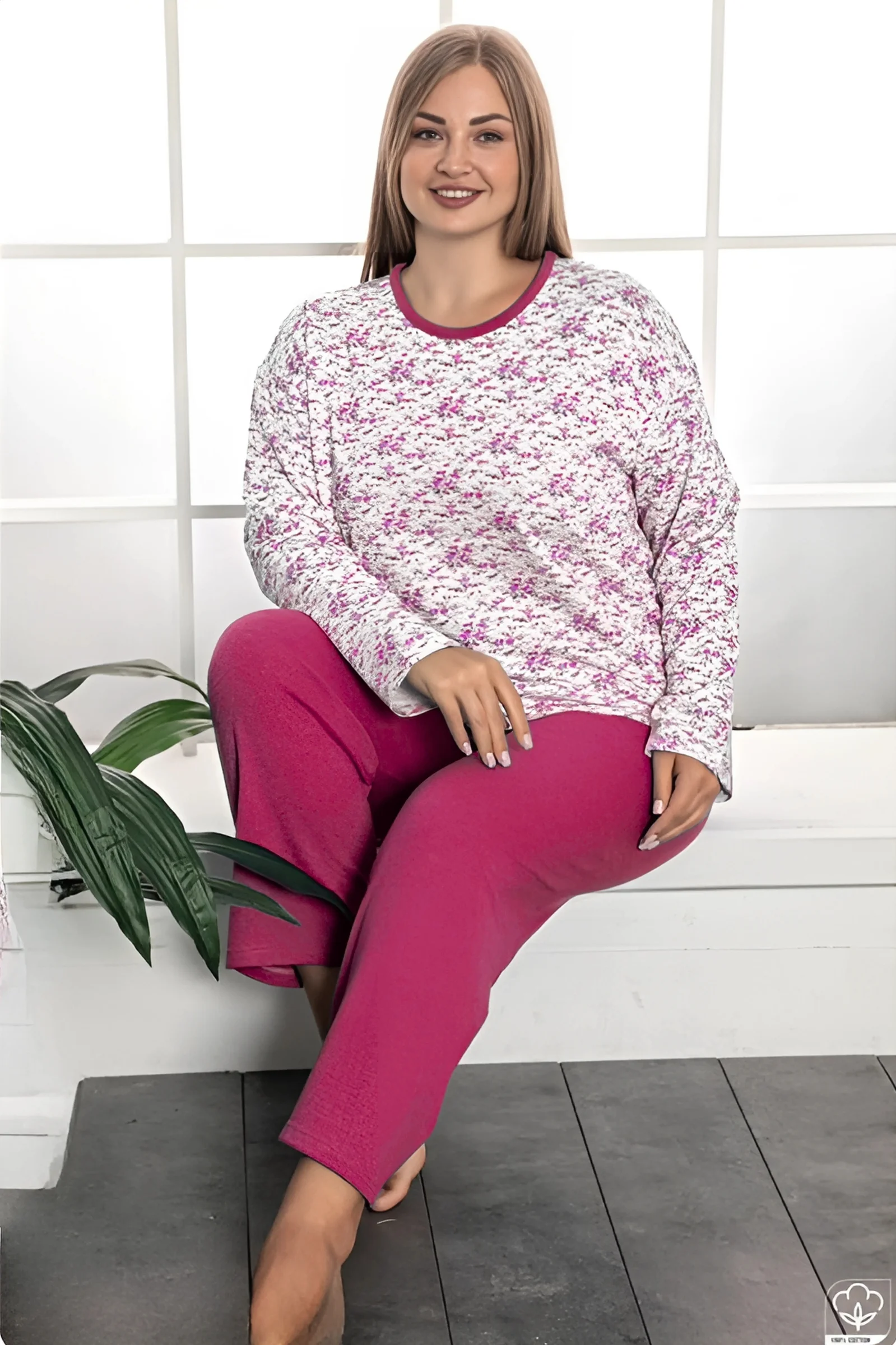 Büyük Beden Pamuklu 2 İplik Kışlık Uzun Kollu Pijama Takımı, Fuşya, 2XL