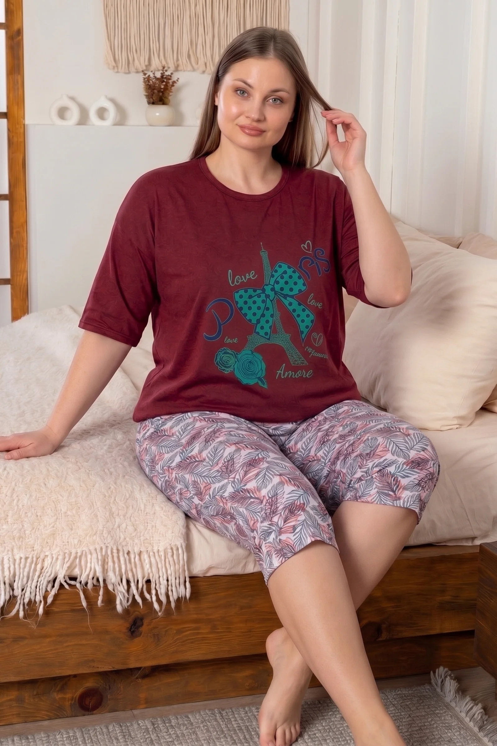Büyük Beden Pamuklu Desenli Kısa Kollu Bermuda Kapri Pijama Takımı, Bordo-Yeşil, XL