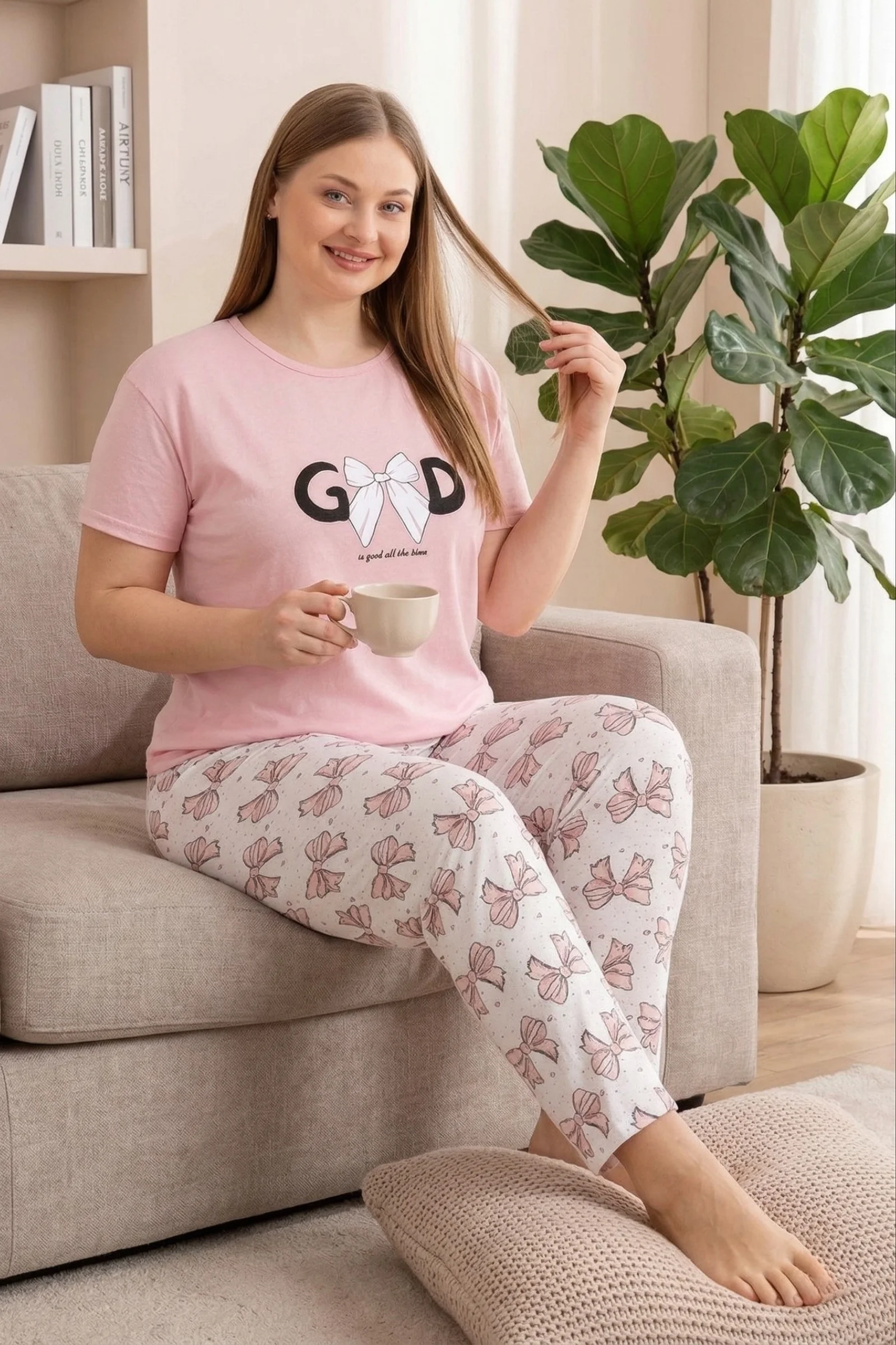 Büyük Beden Pamuklu Desenli Anne Kalıp Kısa Kollu Pijama Takımı, Somon, L