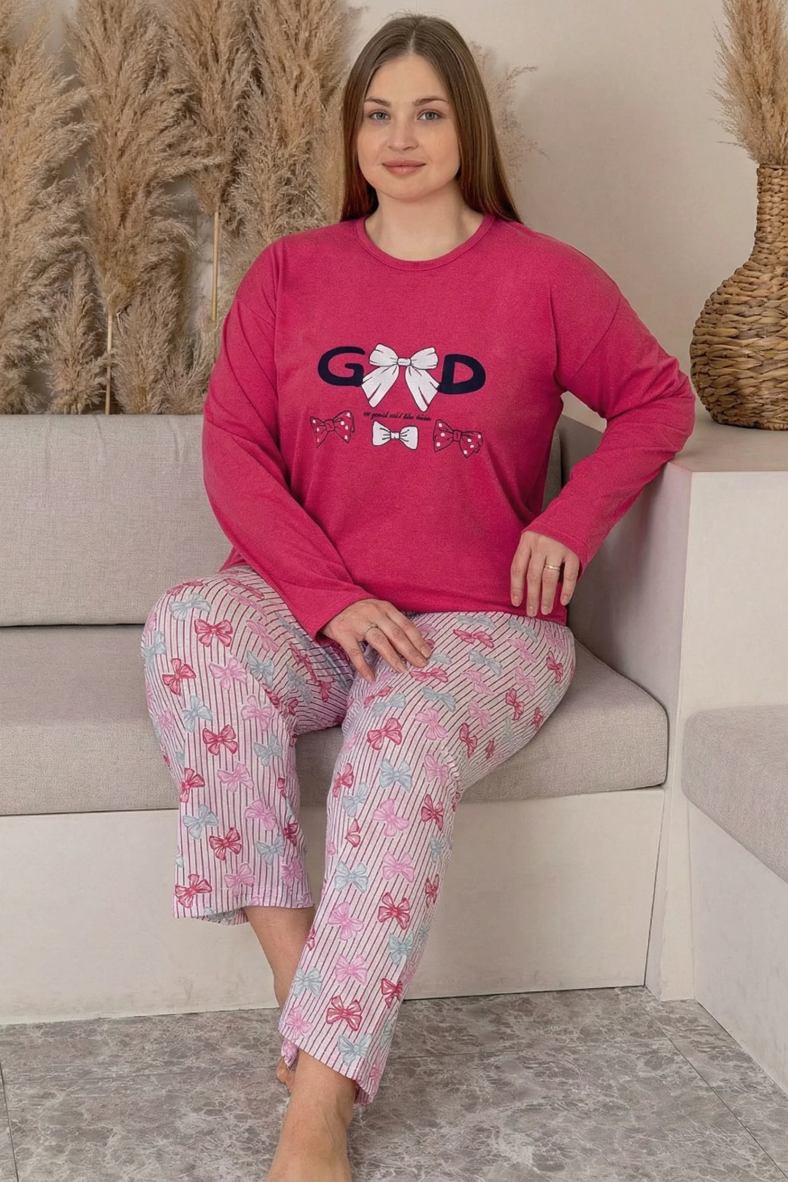 Büyük Beden Pamuklu Desenli Uzun Kollu Pijama Takımı, Fuşya, XL Fiyatı, Yorumları ve Özellikleri