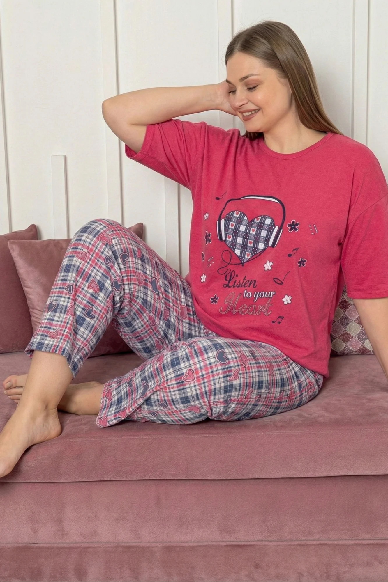 Büyük Beden Pamuklu Desenli Kısa Kollu Pijama Takımı, Fuşya, 2XL