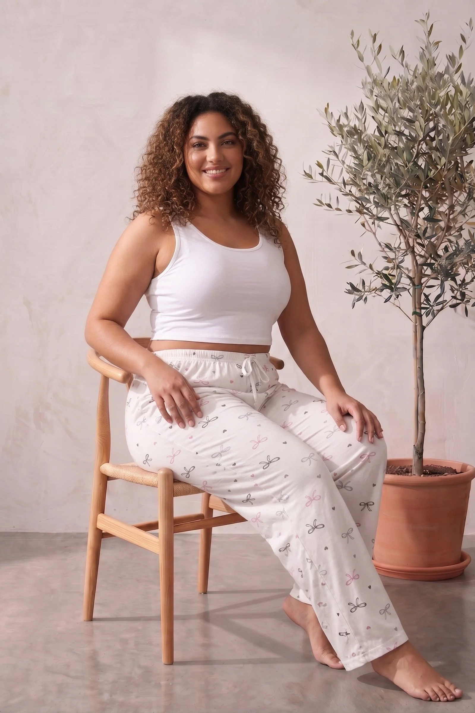 Büyük Beden Pamuklu Desenli Yüksek Bel Pijama Altı Pantolon, Beyaz, 5XL Büyük Beden Pamuklu Desenli Yüksek Bel Pijama Altı Pantolon, Beyaz, 5XL