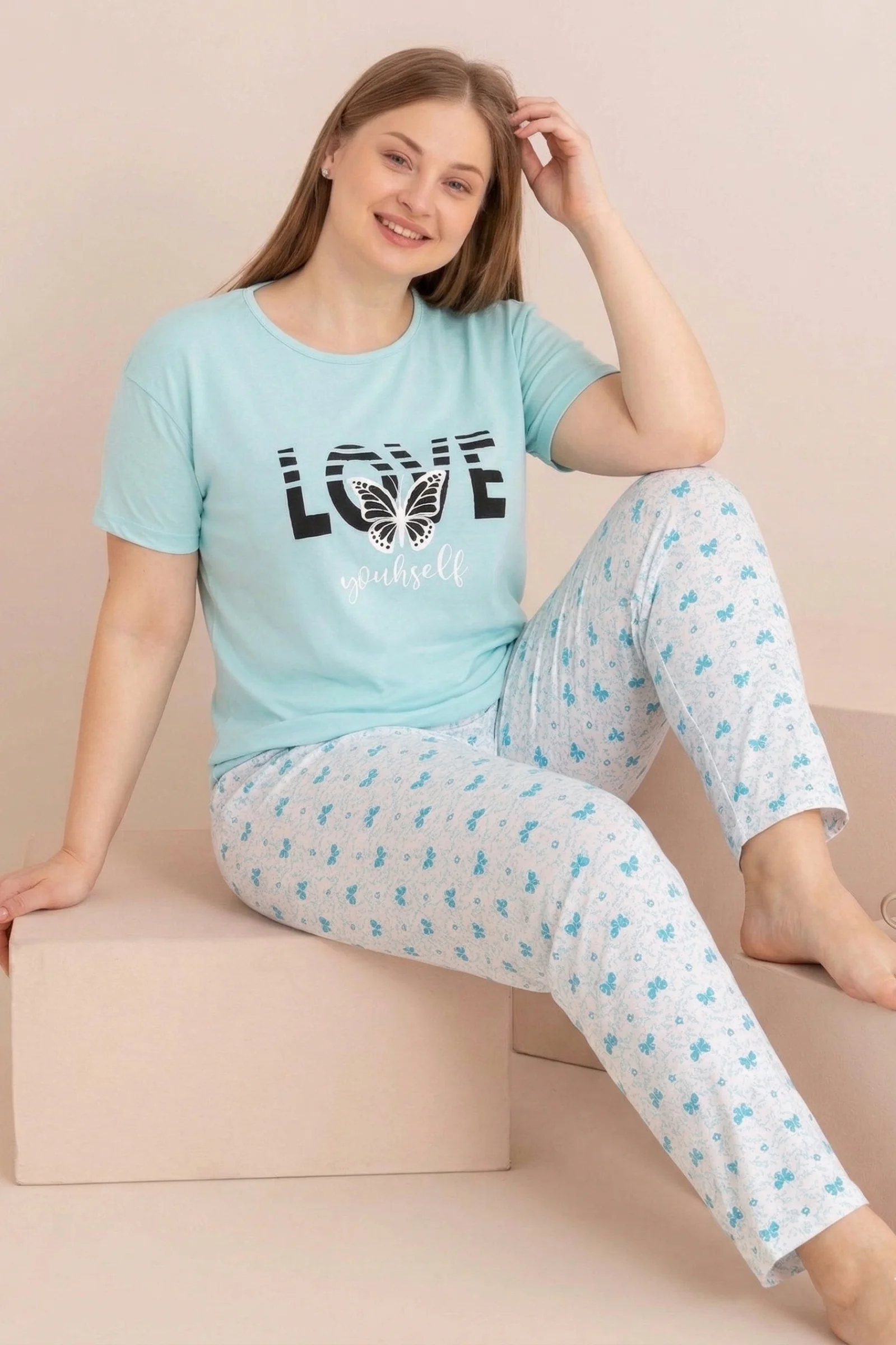 Büyük Beden Pamuklu Desenli Anne Kalıp Kısa Kollu Pijama Takımı, Mavi, L