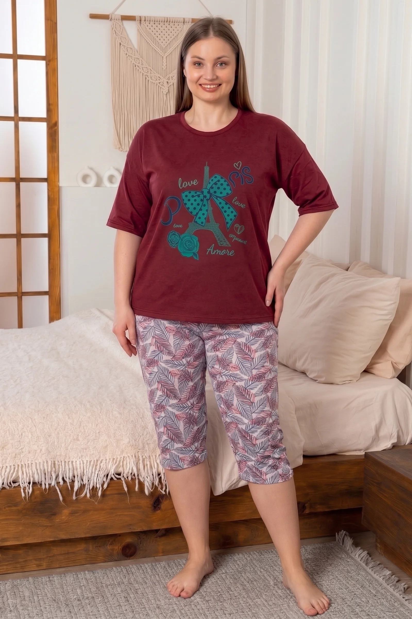 Büyük Beden Pamuklu Desenli Kısa Kollu Bermuda Kapri Pijama Takımı, Bordo-Yeşil, XL
