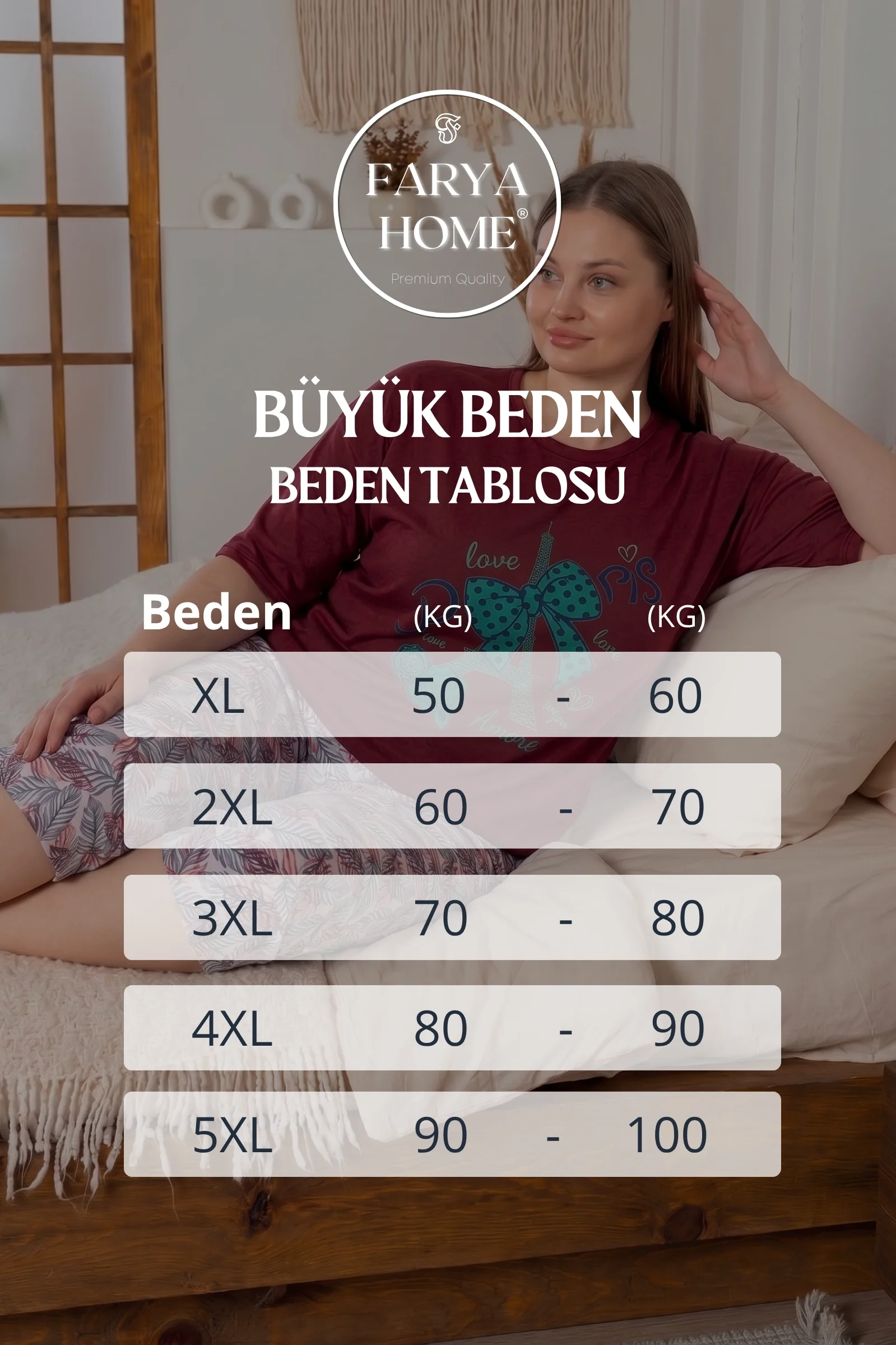 Büyük Beden Pamuklu Desenli Kısa Kollu Bermuda Kapri Pijama Takımı, Bordo-Yeşil, XL