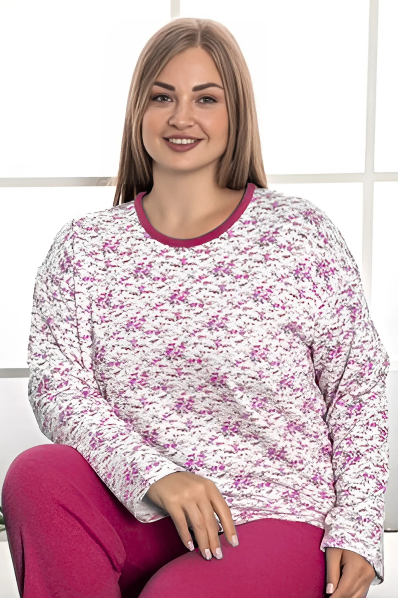 Büyük Beden Pamuklu 2 İplik Kışlık Uzun Kollu Pijama Takımı, Fuşya, 2XL