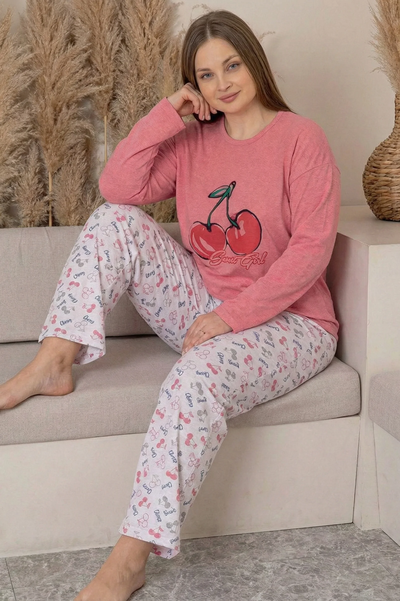 Büyük Beden Pamuklu Desenli Uzun Kollu Pijama Takımı, Yavruağzı, XL Fiyatı, Yorumları ve Özellikleri