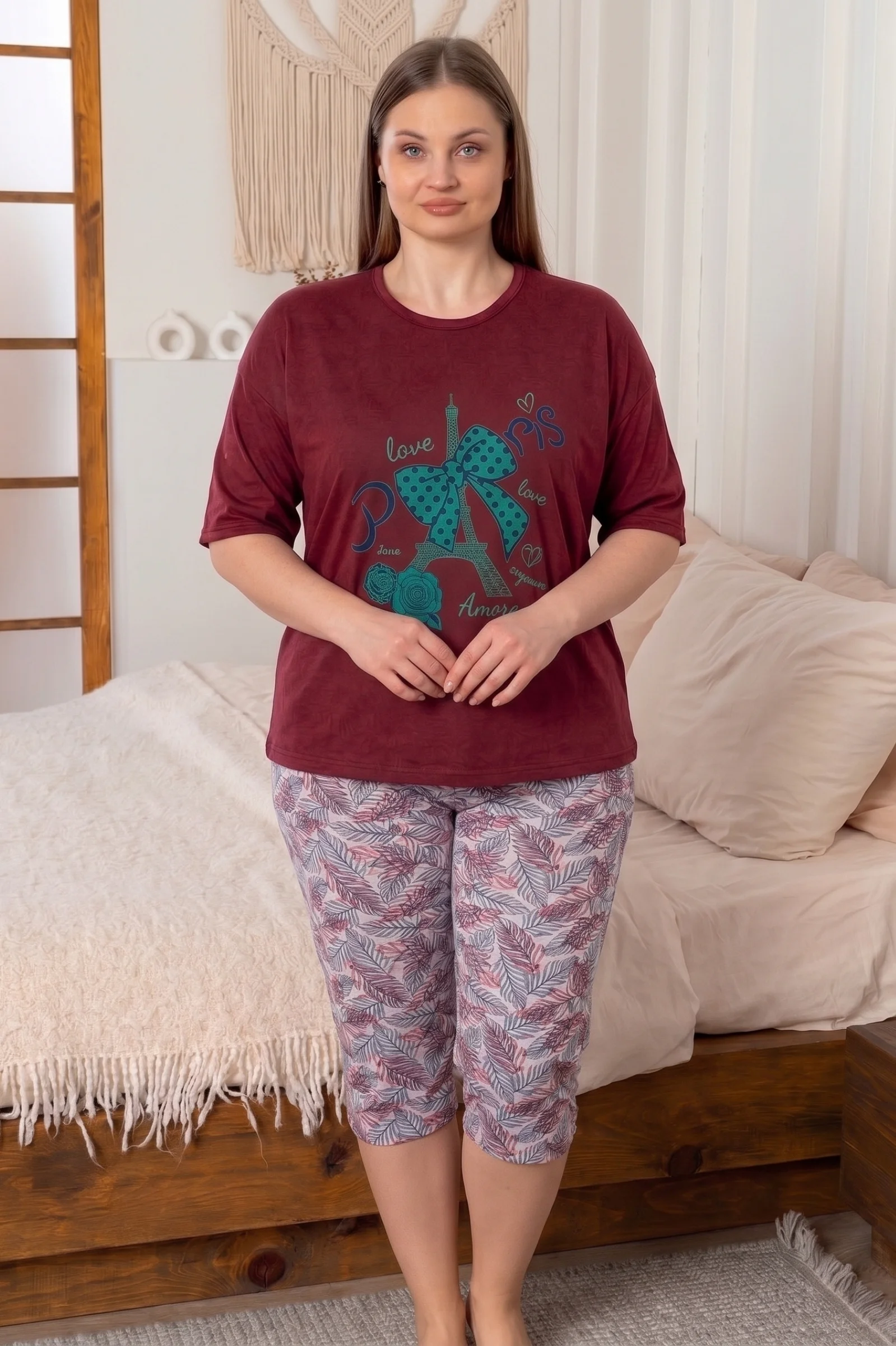 Büyük Beden Pamuklu Desenli Kısa Kollu Bermuda Kapri Pijama Takımı, Bordo-Yeşil, XL