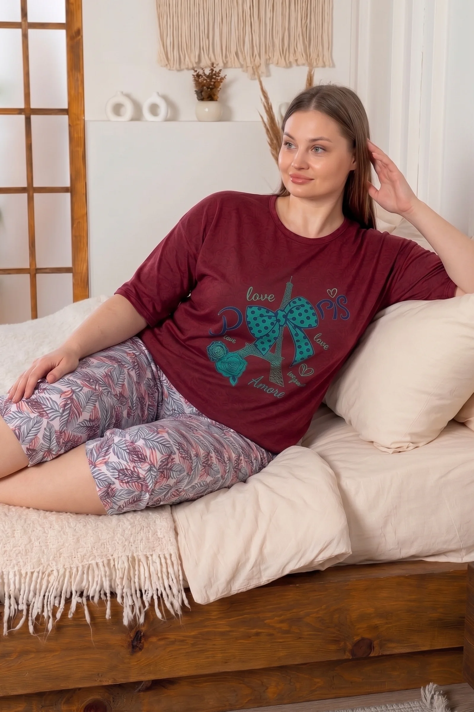 Büyük Beden Pamuklu Desenli Kısa Kollu Bermuda Kapri Pijama Takımı, Bordo-Yeşil, XL