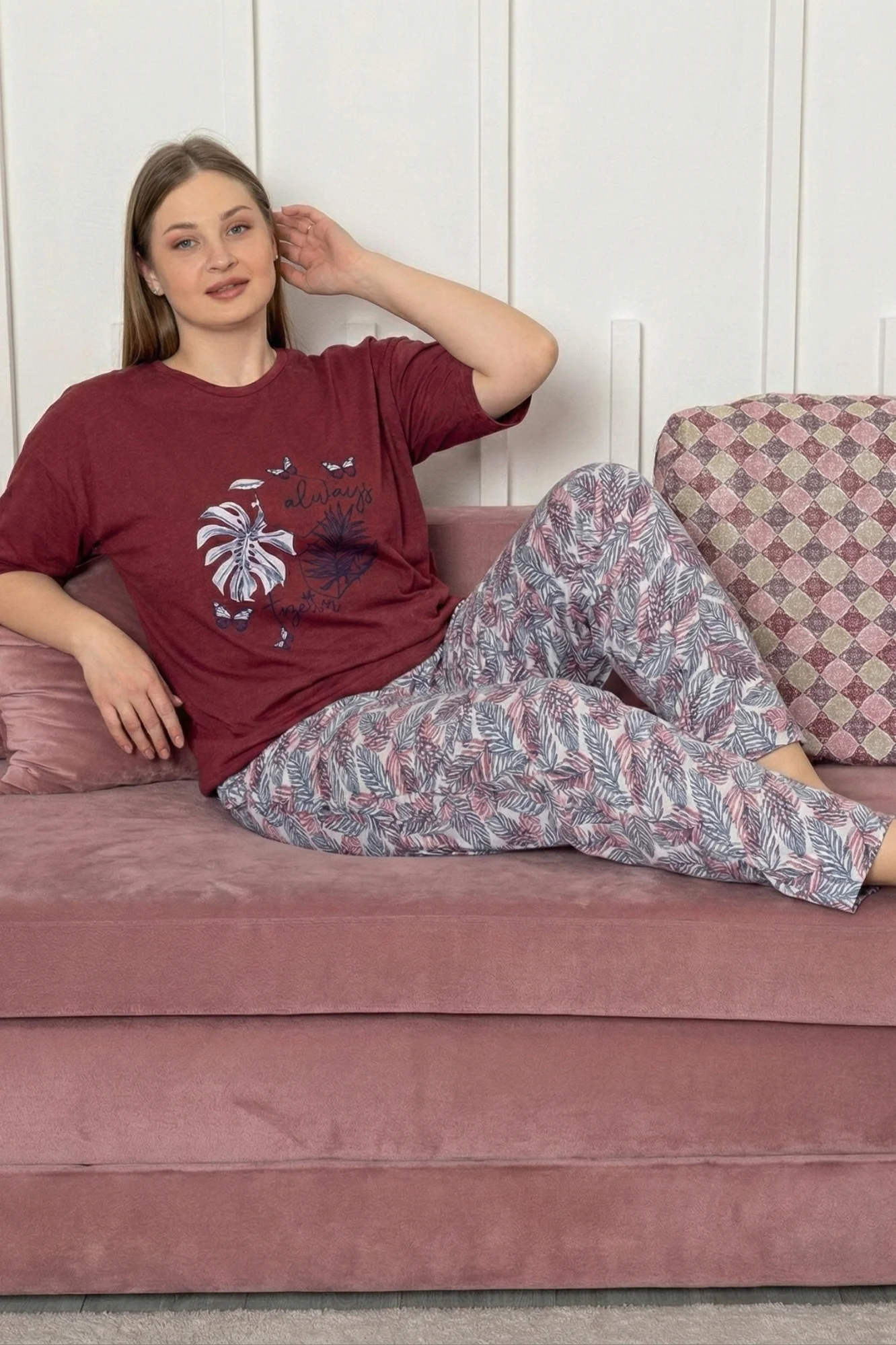 Büyük Beden Pamuklu Desenli Kısa Kollu Pijama Takımı, Bordo, XL Fiyatı, Yorumları ve Özellikleri
