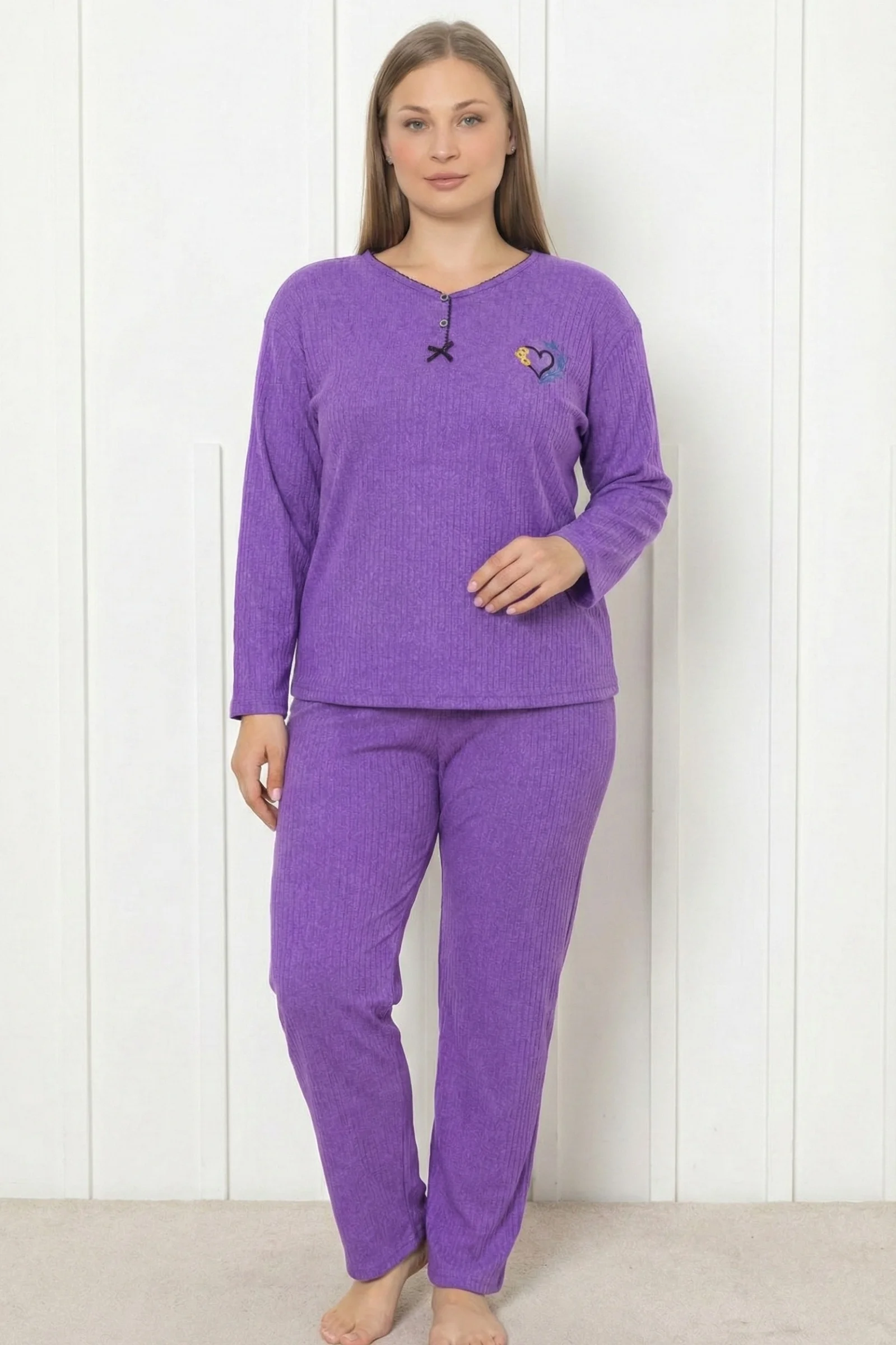 Büyük Beden Pamuklu Kalın Kışlık Düğmeli Şeritli İnterlok Örme Pijama Takımı, Mor, XL Fiyatı, Yorumları ve Özellikleri