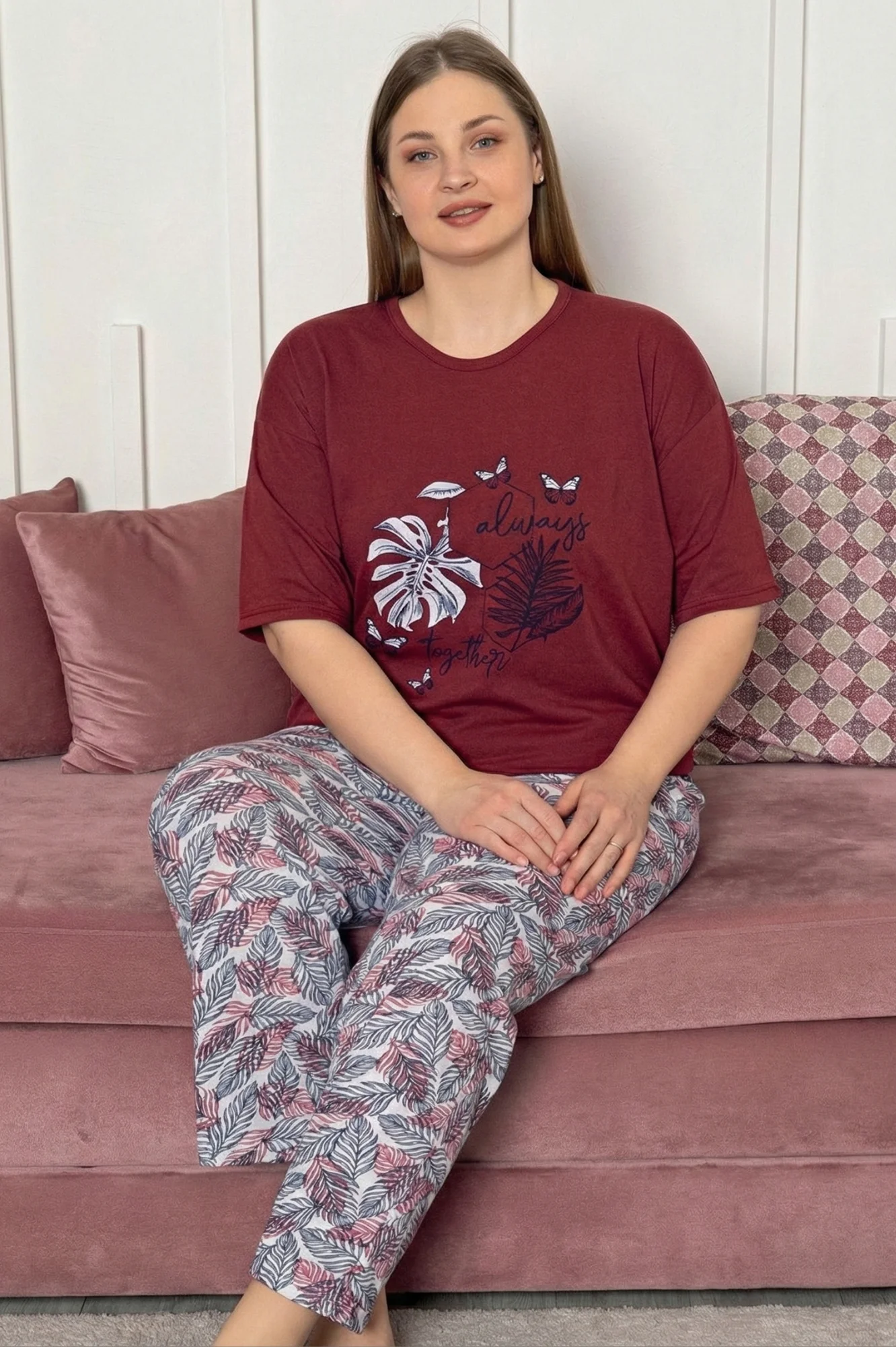 Büyük Beden Pamuklu Desenli Kısa Kollu Pijama Takımı, Bordo, XL Fiyatı, Yorumları ve Özellikleri