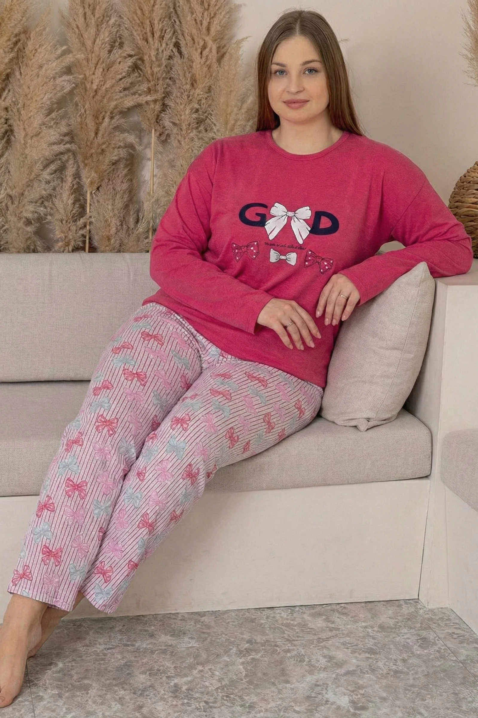 Büyük Beden Pamuklu Desenli Uzun Kollu Pijama Takımı, Fuşya, XL Fiyatı, Yorumları ve Özellikleri