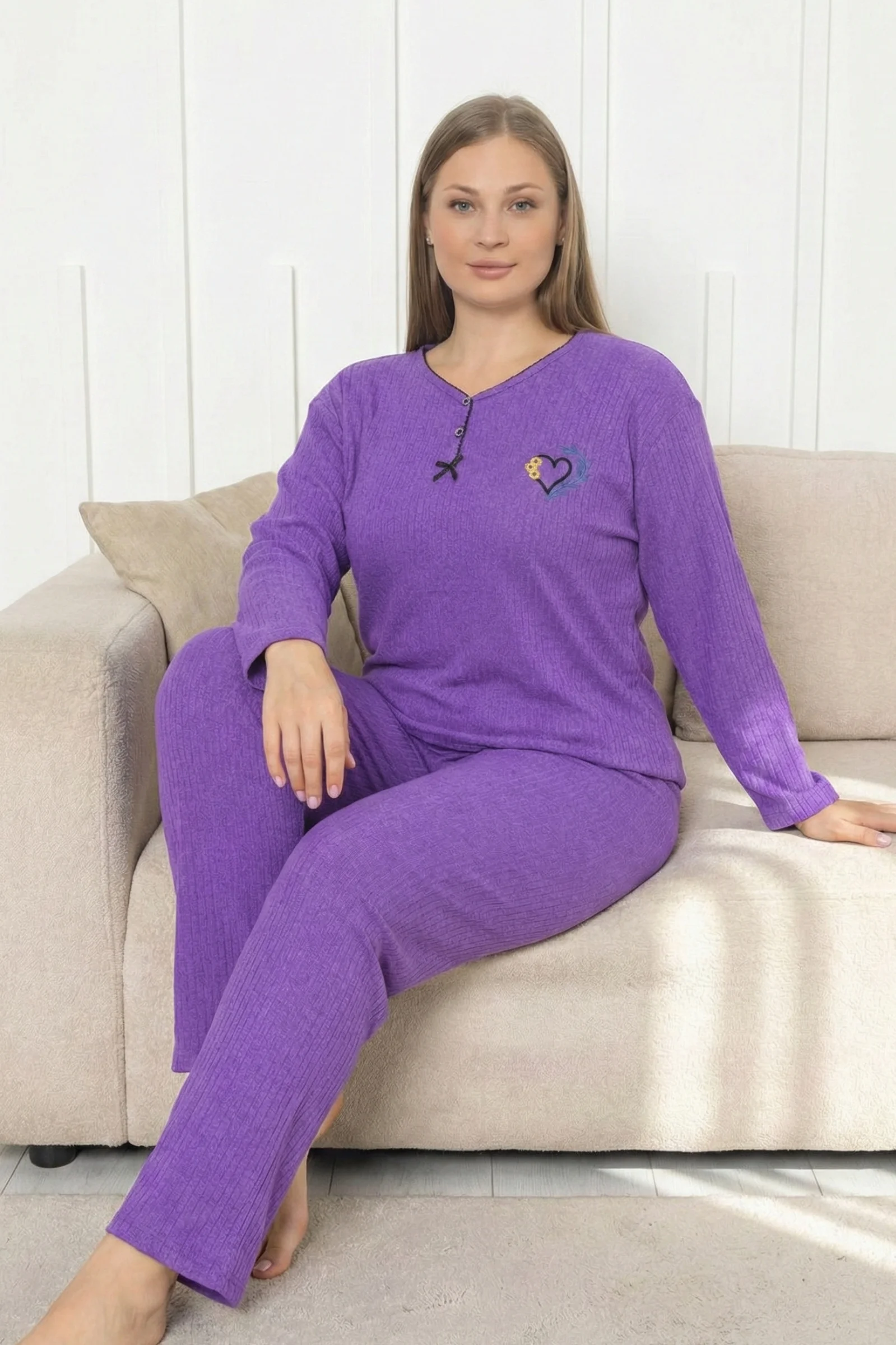 Büyük Beden Pamuklu Kalın Kışlık Düğmeli Şeritli İnterlok Örme Pijama Takımı, Mor, XL Fiyatı, Yorumları ve Özellikleri