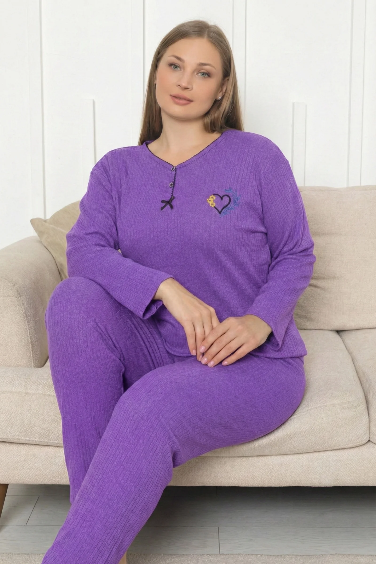 Büyük Beden Pamuklu Kalın Kışlık Düğmeli Şeritli İnterlok Örme Pijama Takımı, Mor, XL Fiyatı, Yorumları ve Özellikleri