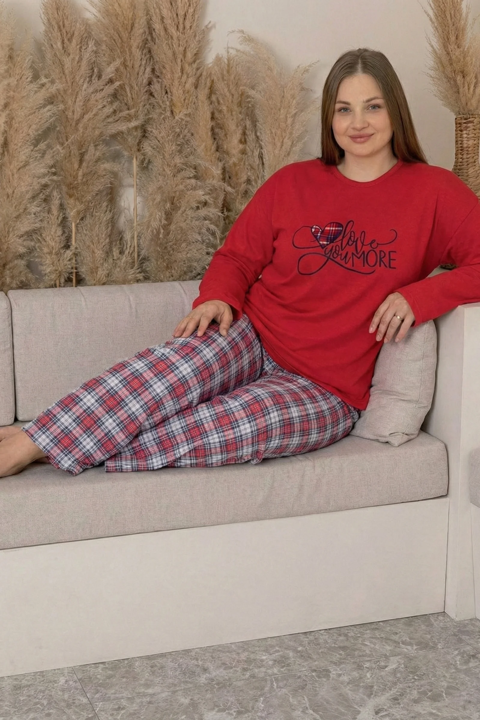 Büyük Beden Pamuklu Desenli Uzun Kollu Pijama Takımı, Kırmızı, 2XL