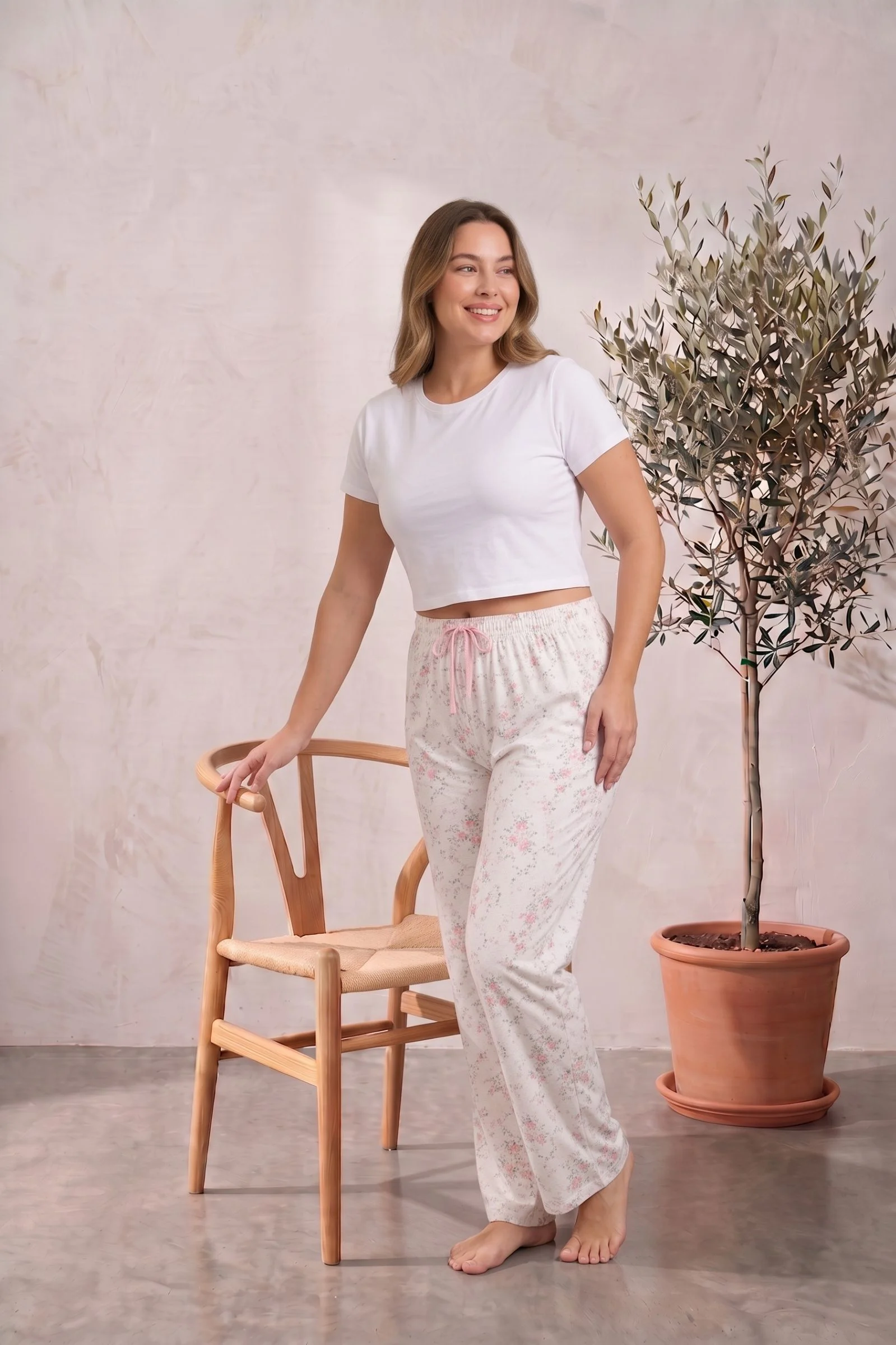 Büyük Beden Pamuklu Desenli Yüksek Bel Pijama Altı Pantolon, Bej, 5XL Büyük Beden Pamuklu Desenli Yüksek Bel Pijama Altı Pantolon, Bej, 5XL
