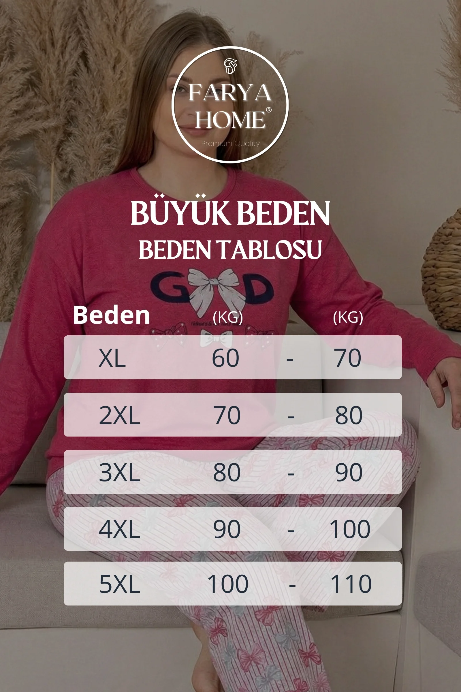 Büyük Beden Pamuklu Desenli Uzun Kollu Pijama Takımı, Fuşya, 5XL
