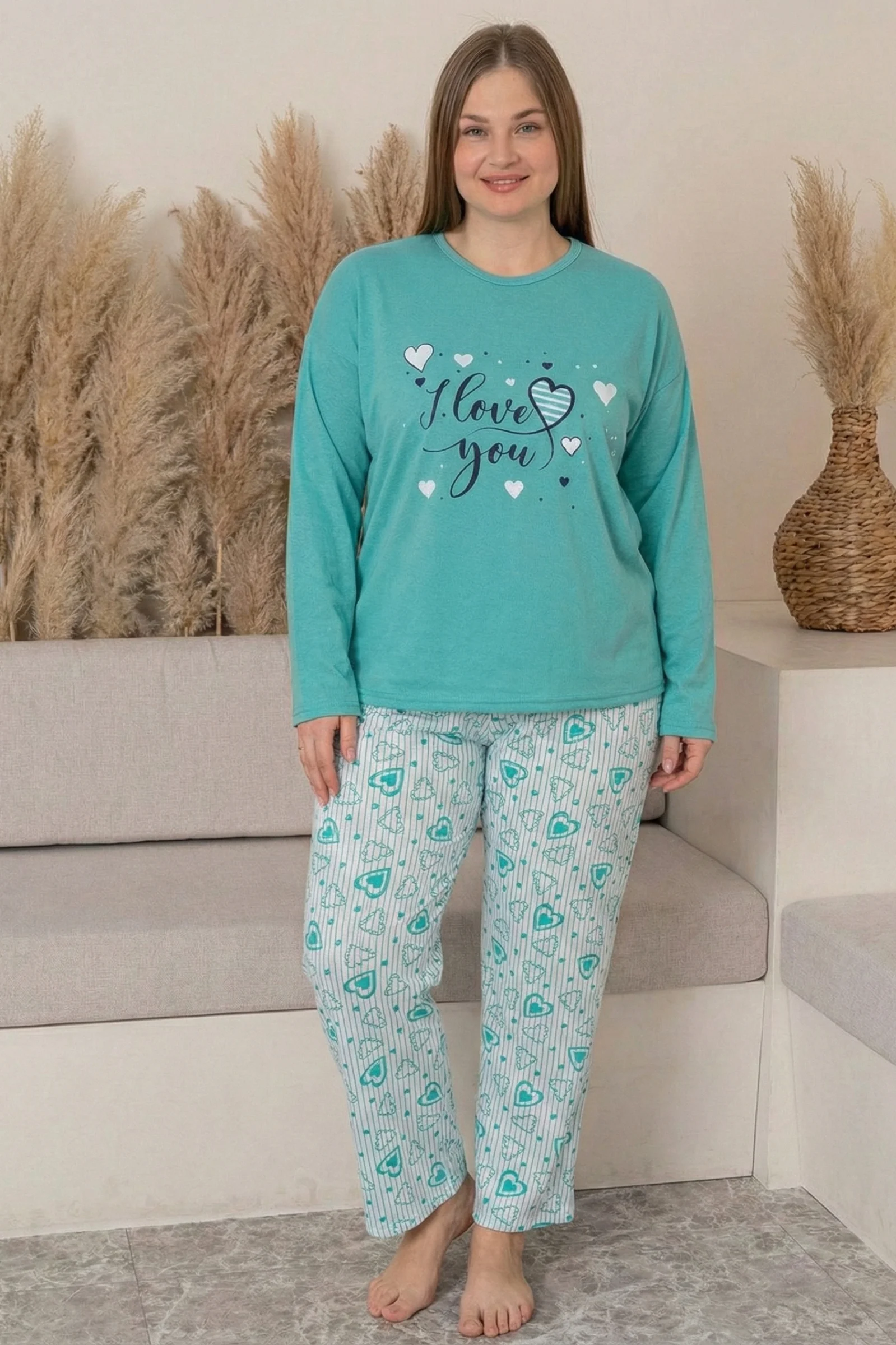 Büyük Beden Pamuklu Desenli Uzun Kollu Pijama Takımı, Mint, XL Büyük Beden Pamuklu Desenli Uzun Kollu Pijama Takımı, Mint, XL