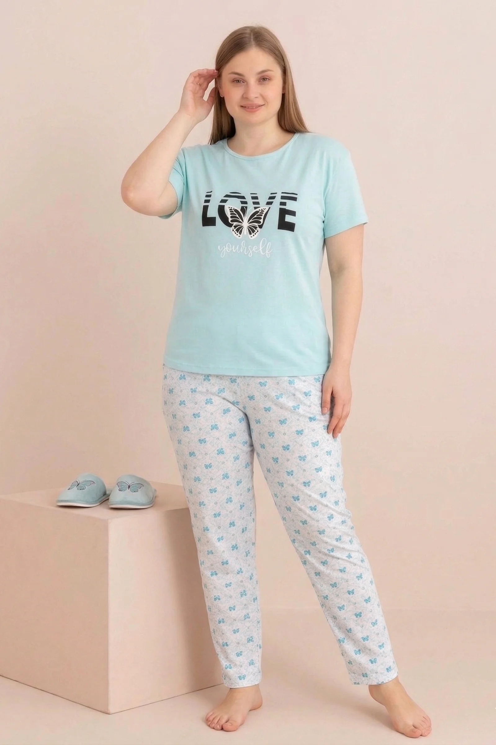 Büyük Beden Pamuklu Desenli Anne Kalıp Kısa Kollu Pijama Takımı, Mavi, L