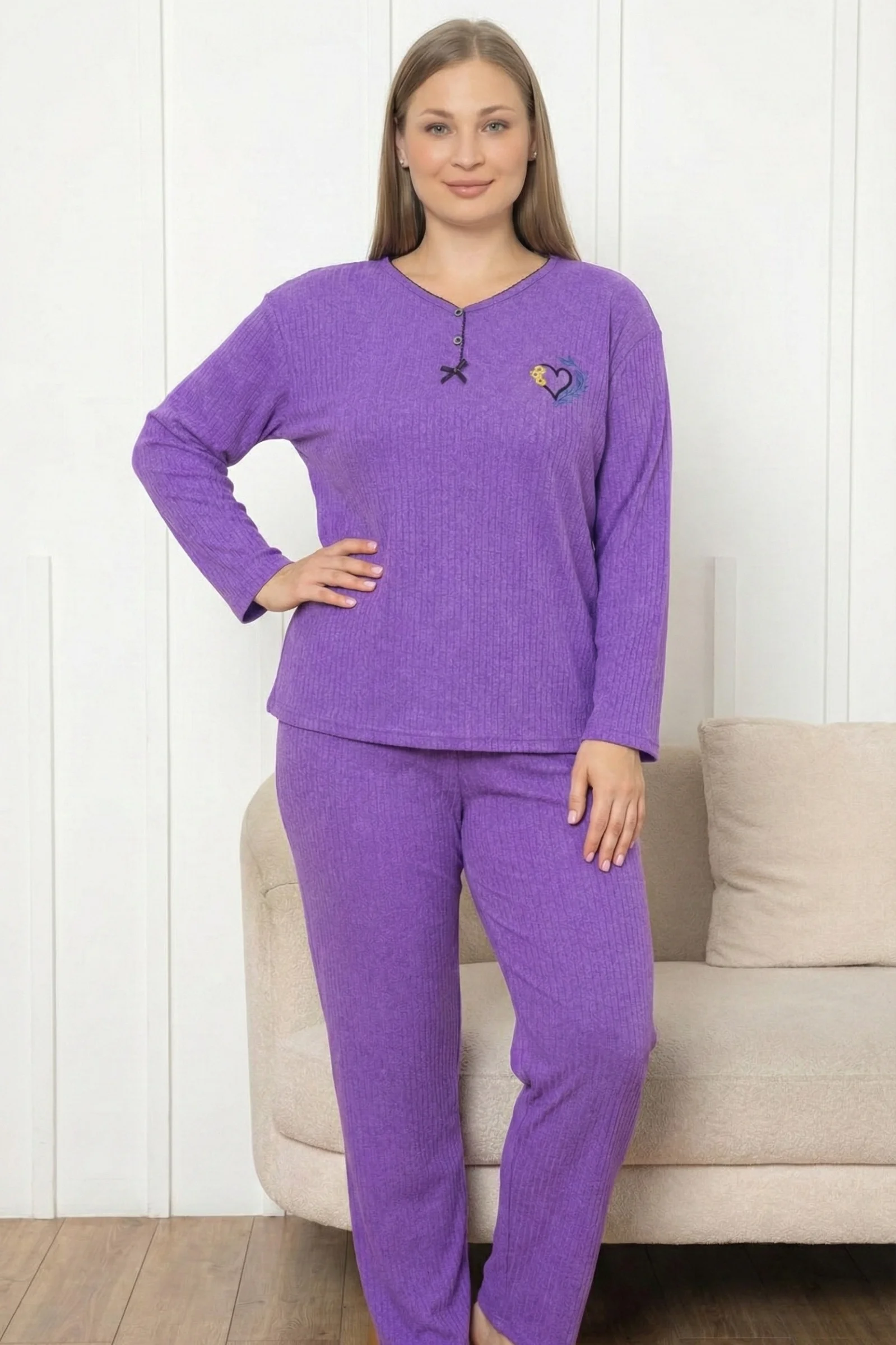 Büyük Beden Pamuklu Kalın Kışlık Düğmeli Şeritli İnterlok Örme Pijama Takımı, Mor, XL Fiyatı, Yorumları ve Özellikleri