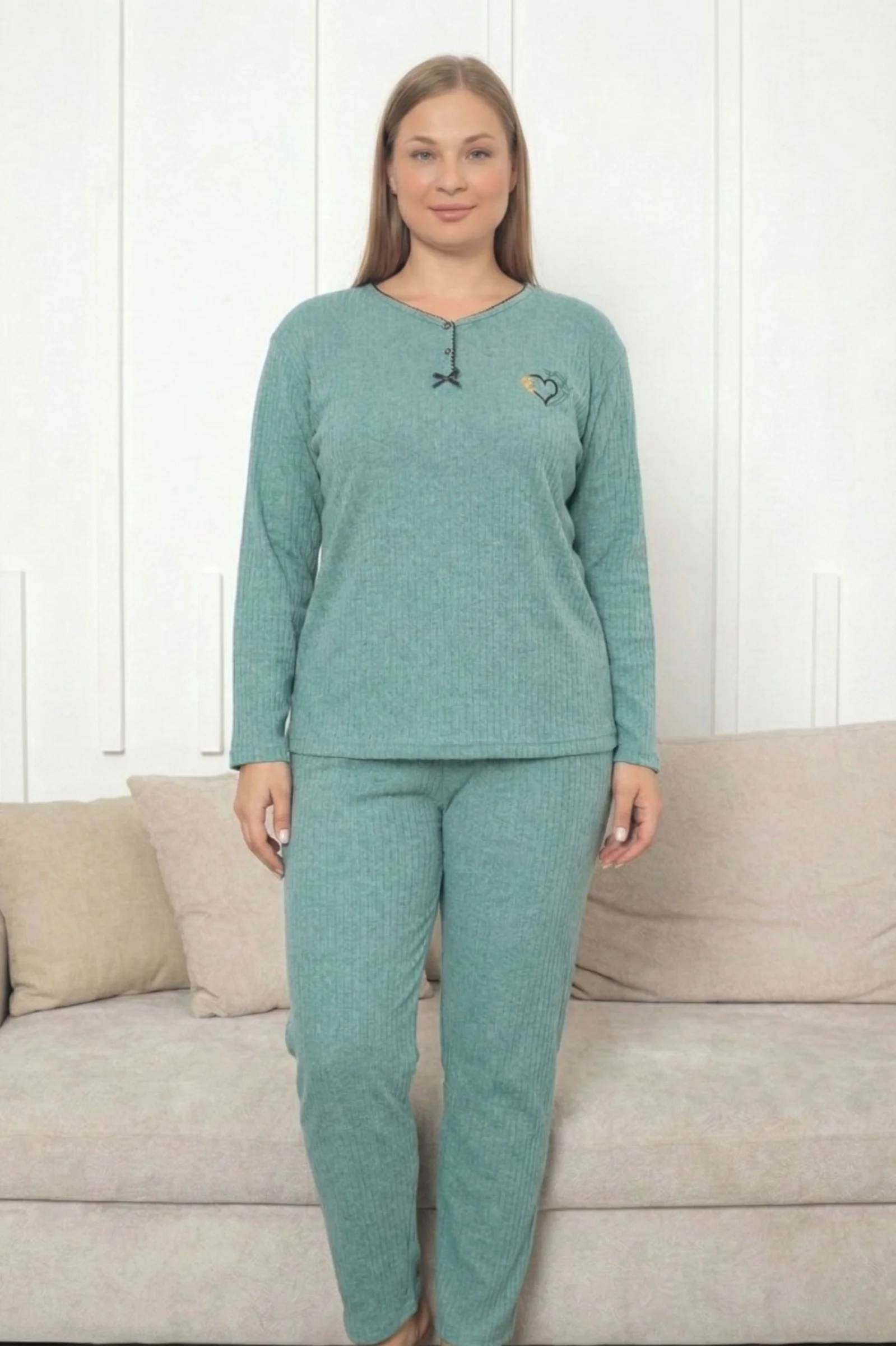Büyük Beden Pamuklu Kalın Kışlık Düğmeli Şeritli İnterlok Örme Pijama Takımı, Çağla Yeşili, XL Fiyatı, Yorumları ve Özellikleri