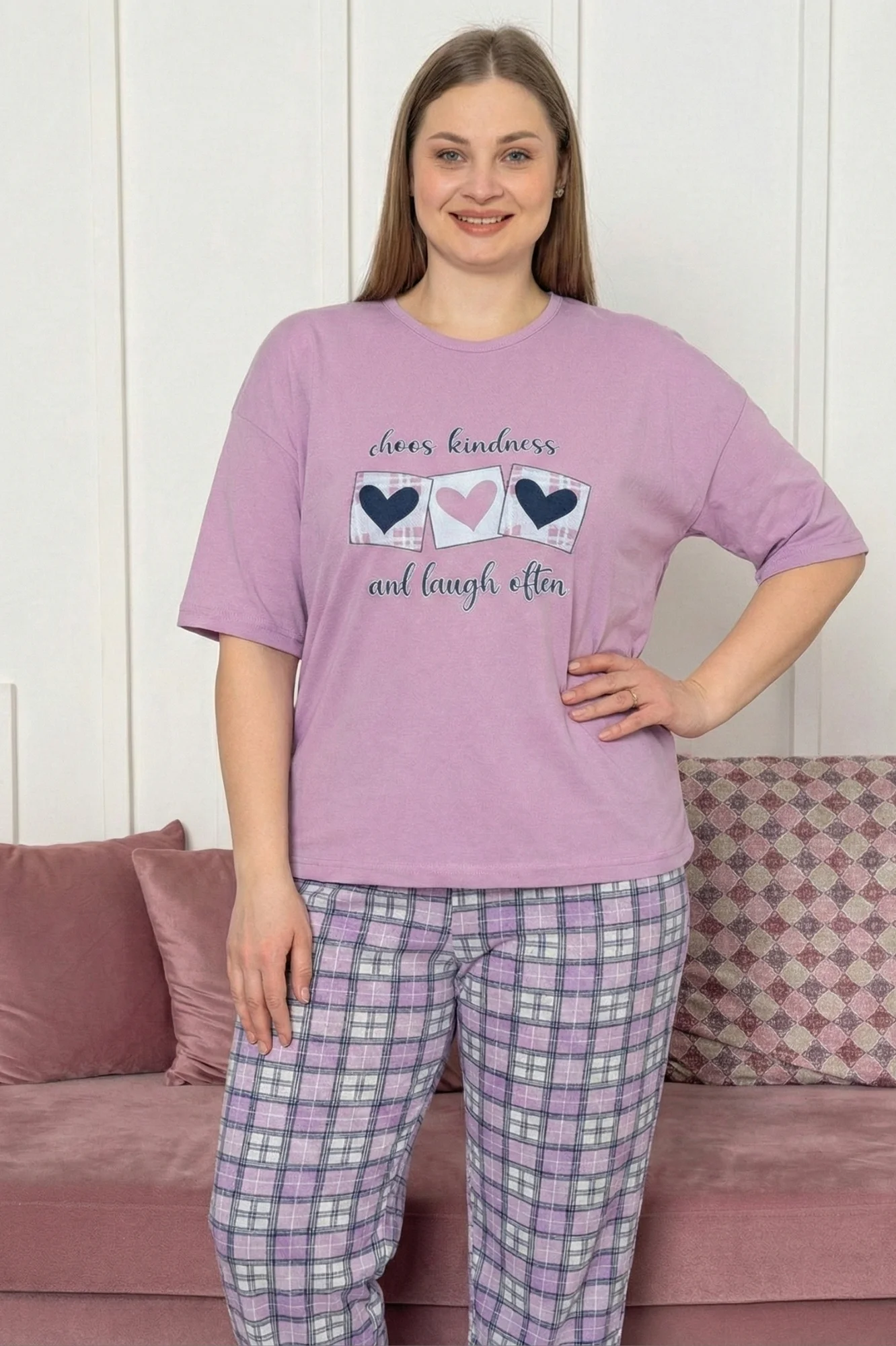 Büyük Beden Pamuklu Desenli Kısa Kollu Pijama Takımı, Lila, XL Büyük Beden Pamuklu Desenli Kısa Kollu Pijama Takımı, Lila, XL