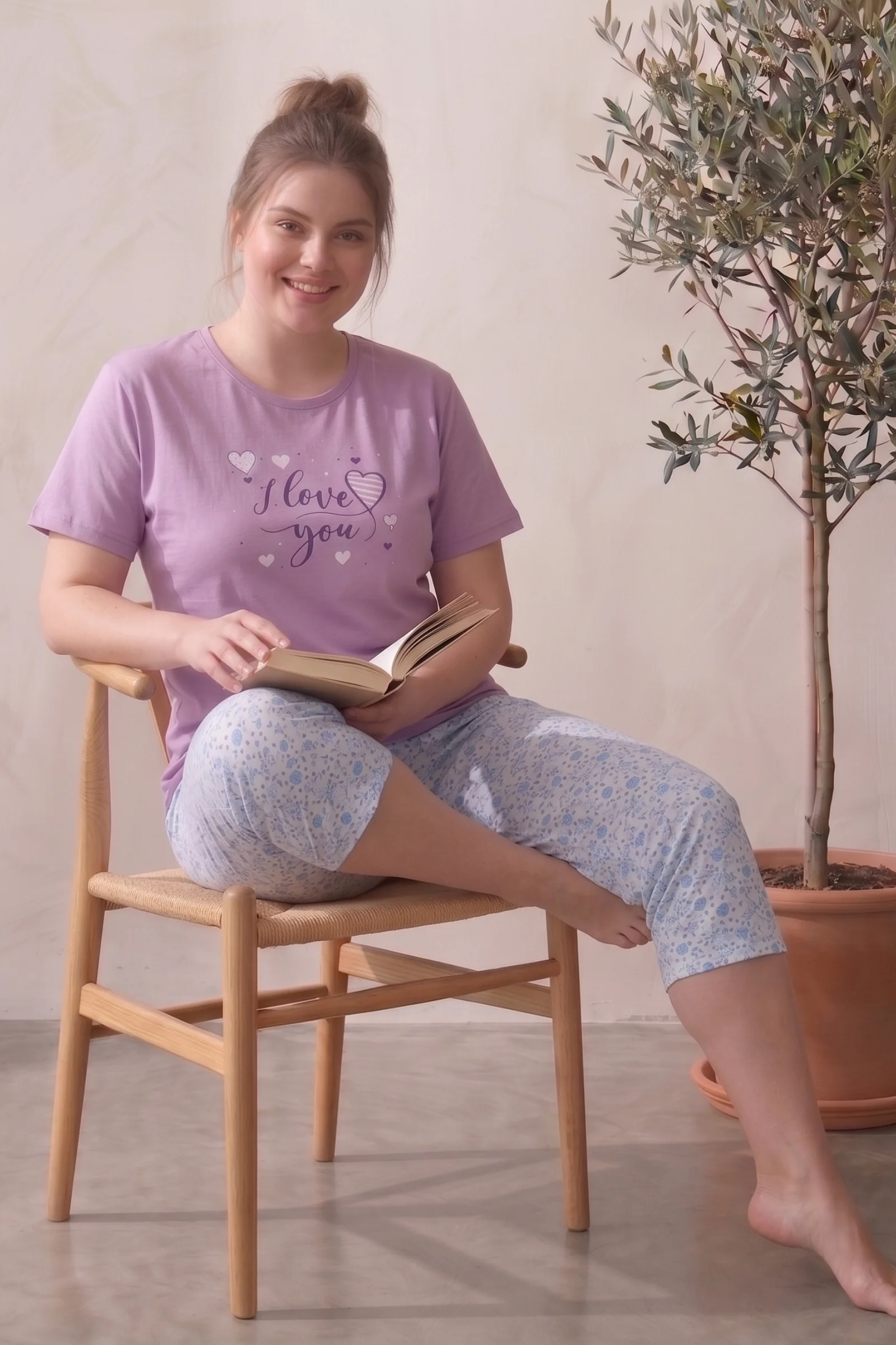 Büyük Beden Pamuklu Desenli Kısa Kollu Bermuda Kapri Pijama Takımı, Mor-Mavi, 3XL Fiyatı, Yorumları ve Özellikleri