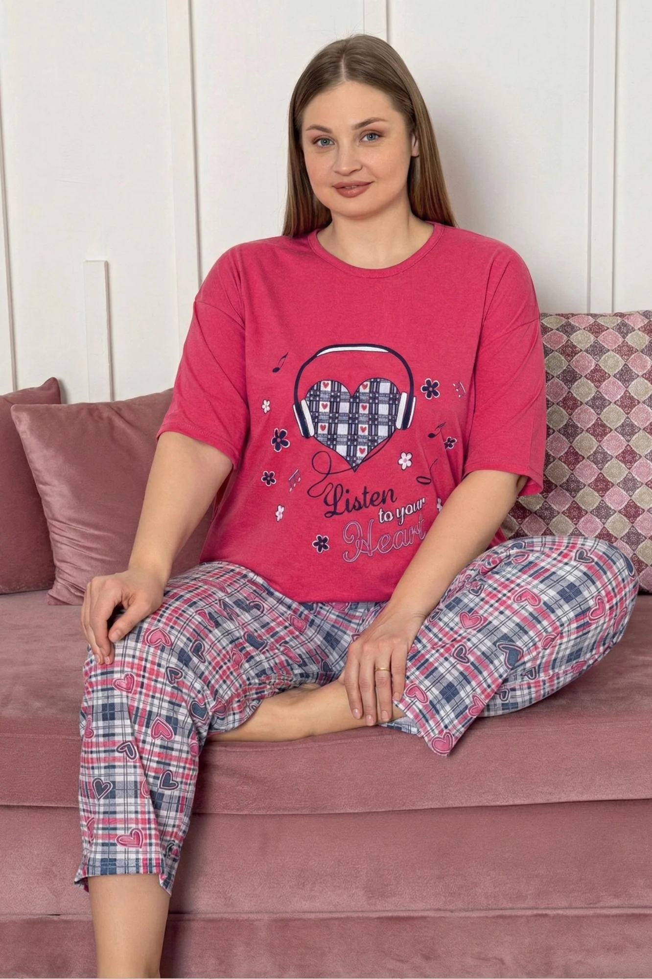 Büyük Beden Pamuklu Desenli Kısa Kollu Pijama Takımı, Fuşya, 2XL