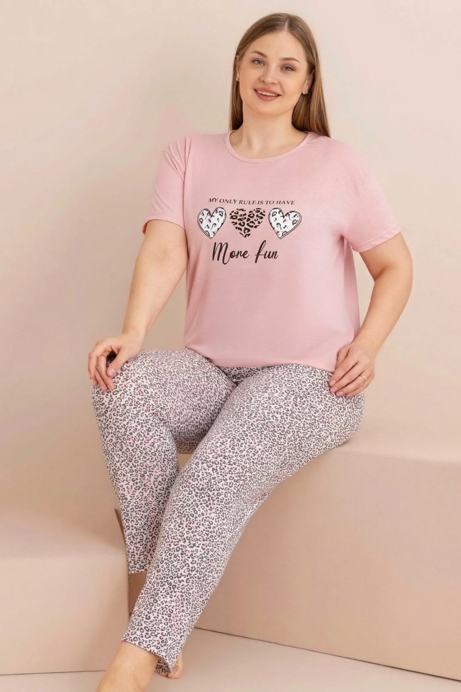 Büyük Beden Pamuklu Desenli Anne Kalıp Kısa Kollu Pijama Takımı, Leopar, L
