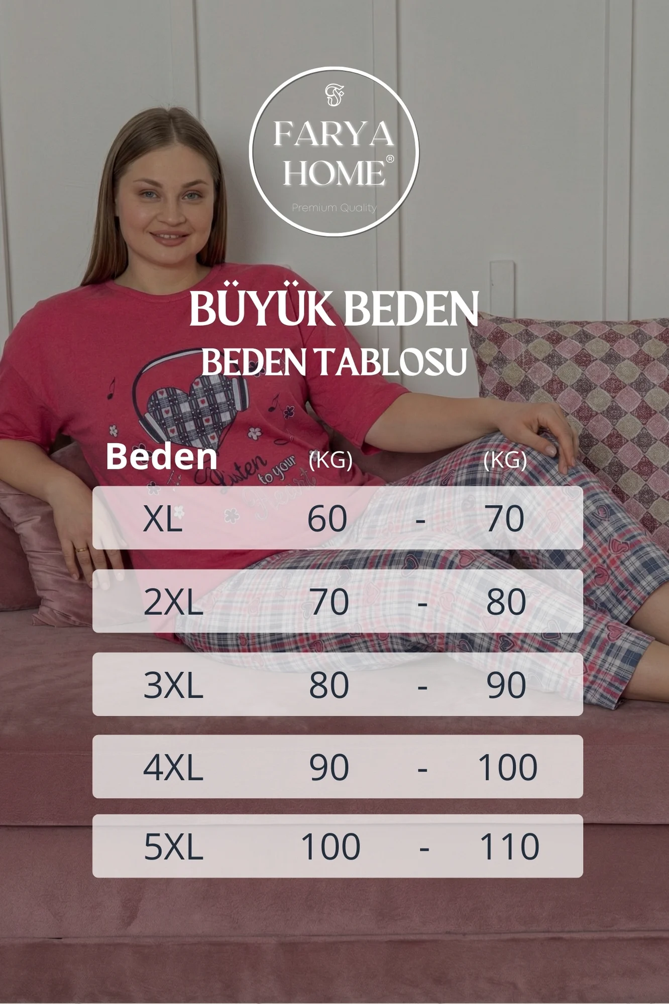 Büyük Beden Pamuklu Desenli Kısa Kollu Pijama Takımı, Fuşya, XL