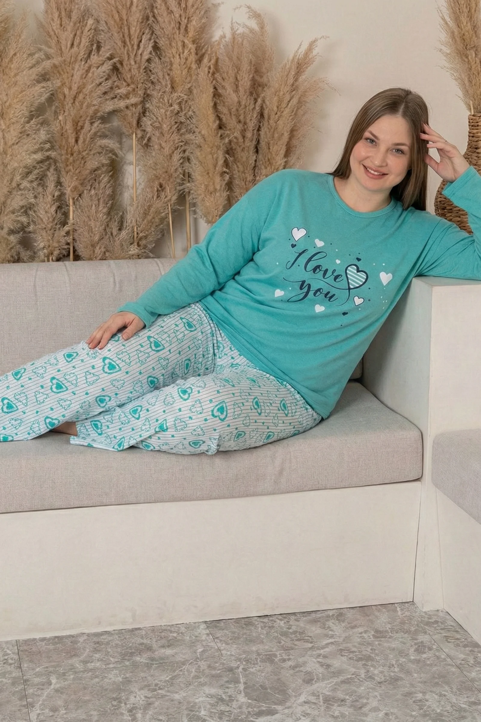 Büyük Beden Pamuklu Desenli Uzun Kollu Pijama Takımı, Mint, XL Büyük Beden Pamuklu Desenli Uzun Kollu Pijama Takımı, Mint, XL
