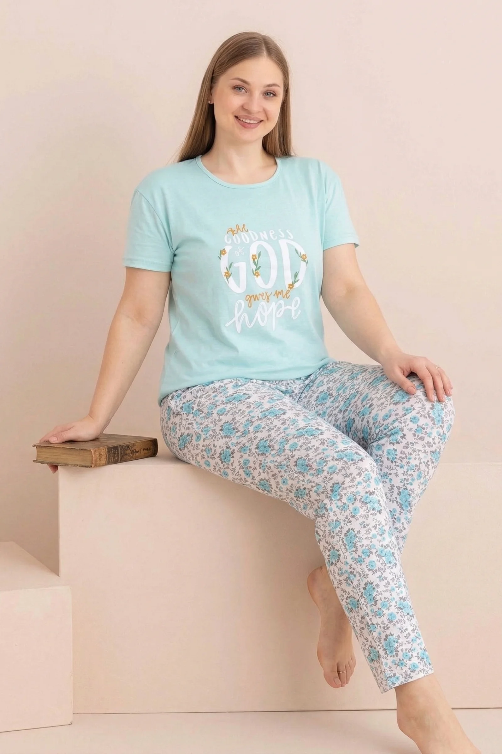 Büyük Beden Pamuklu Desenli Anne Kalıp Kısa Kollu Pijama Takımı, Mint, L Fiyatı, Yorumları ve Özellikleri