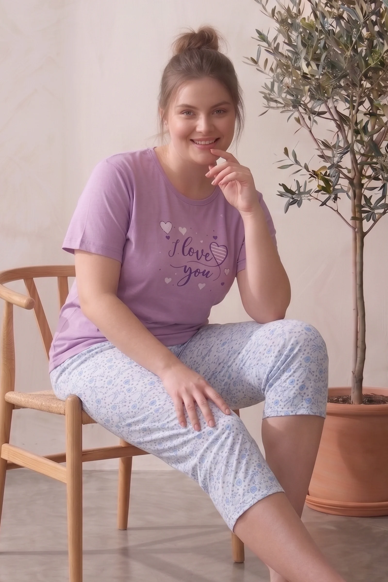 Büyük Beden Pamuklu Desenli Kısa Kollu Bermuda Kapri Pijama Takımı, Mor-Mavi, 2XL Fiyatı, Yorumları ve Özellikleri