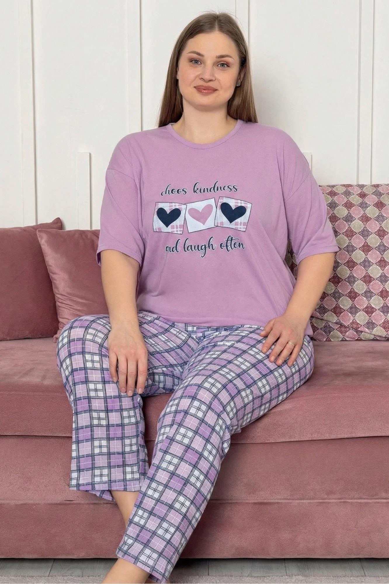 Büyük Beden Pamuklu Desenli Kısa Kollu Pijama Takımı, Lila, XL Büyük Beden Pamuklu Desenli Kısa Kollu Pijama Takımı, Lila, XL