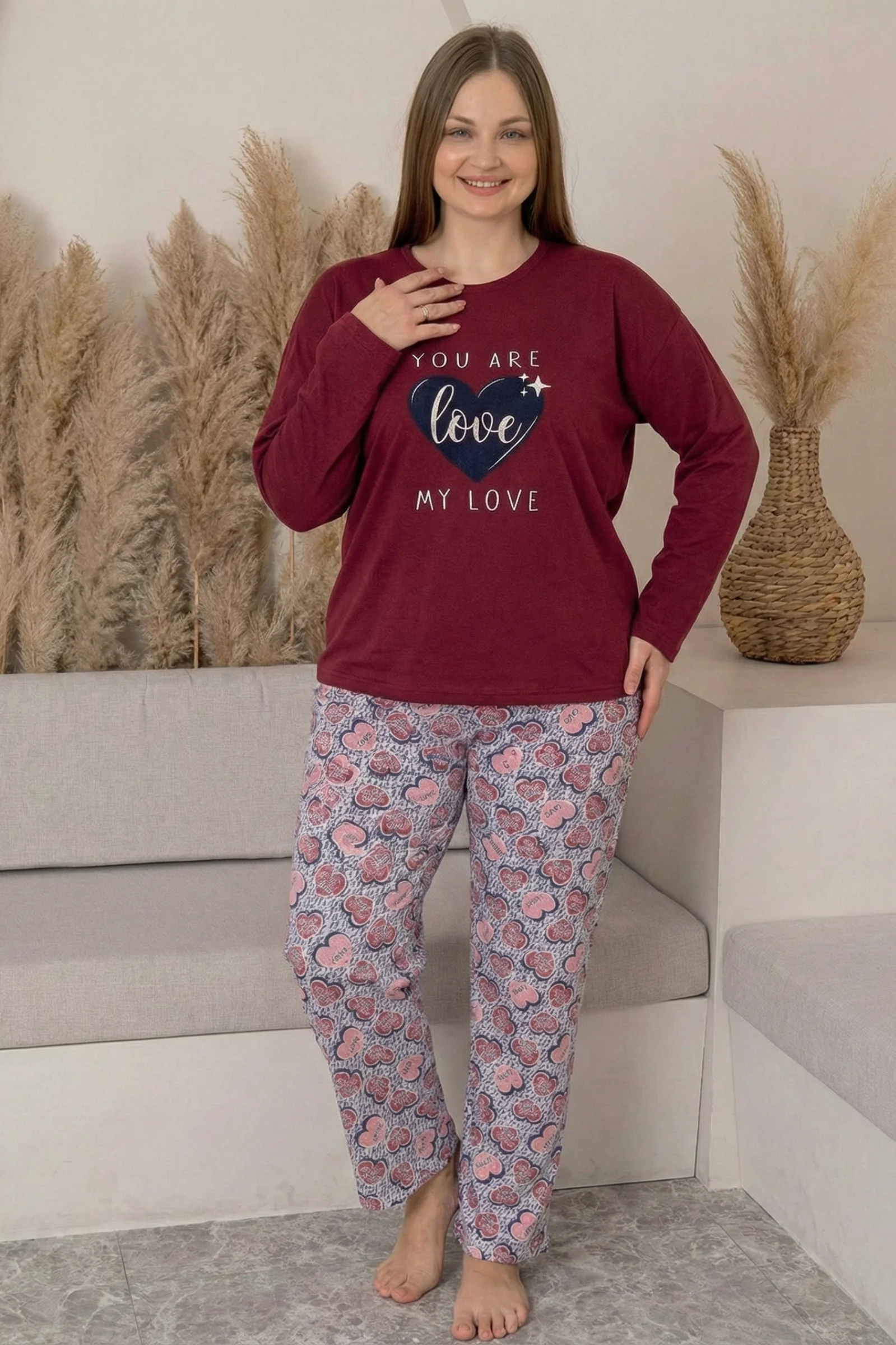 Büyük Beden Pamuklu Desenli Uzun Kollu Pijama Takımı, Bordo, XL Büyük Beden Pamuklu Desenli Uzun Kollu Pijama Takımı, Bordo, XL Fiyatı, Yorumları ve Özellikleri