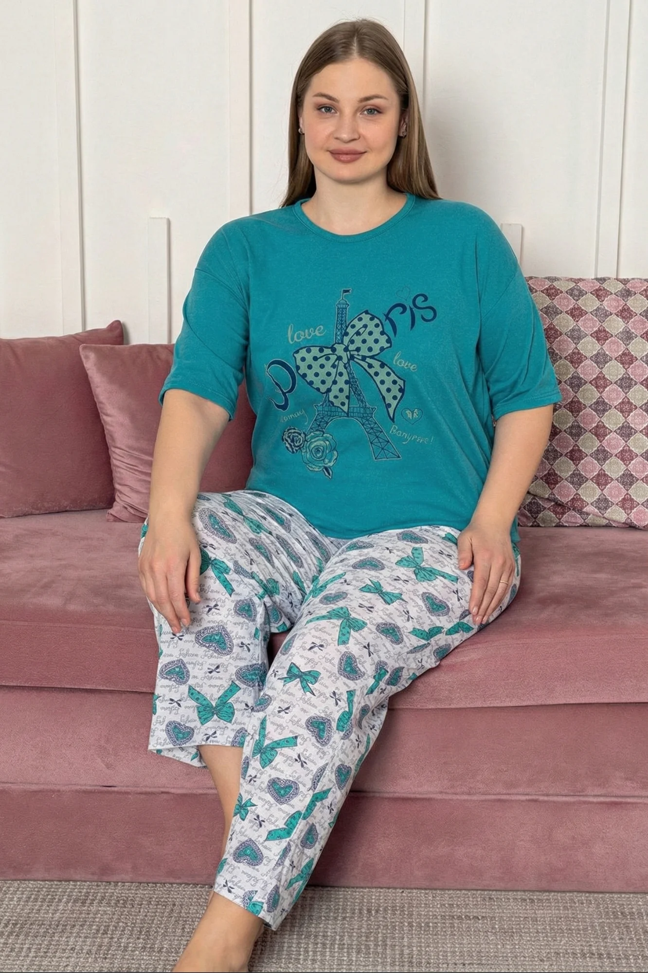 Büyük Beden Pamuklu Desenli Kısa Kollu Pijama Takımı, Petrol, XL