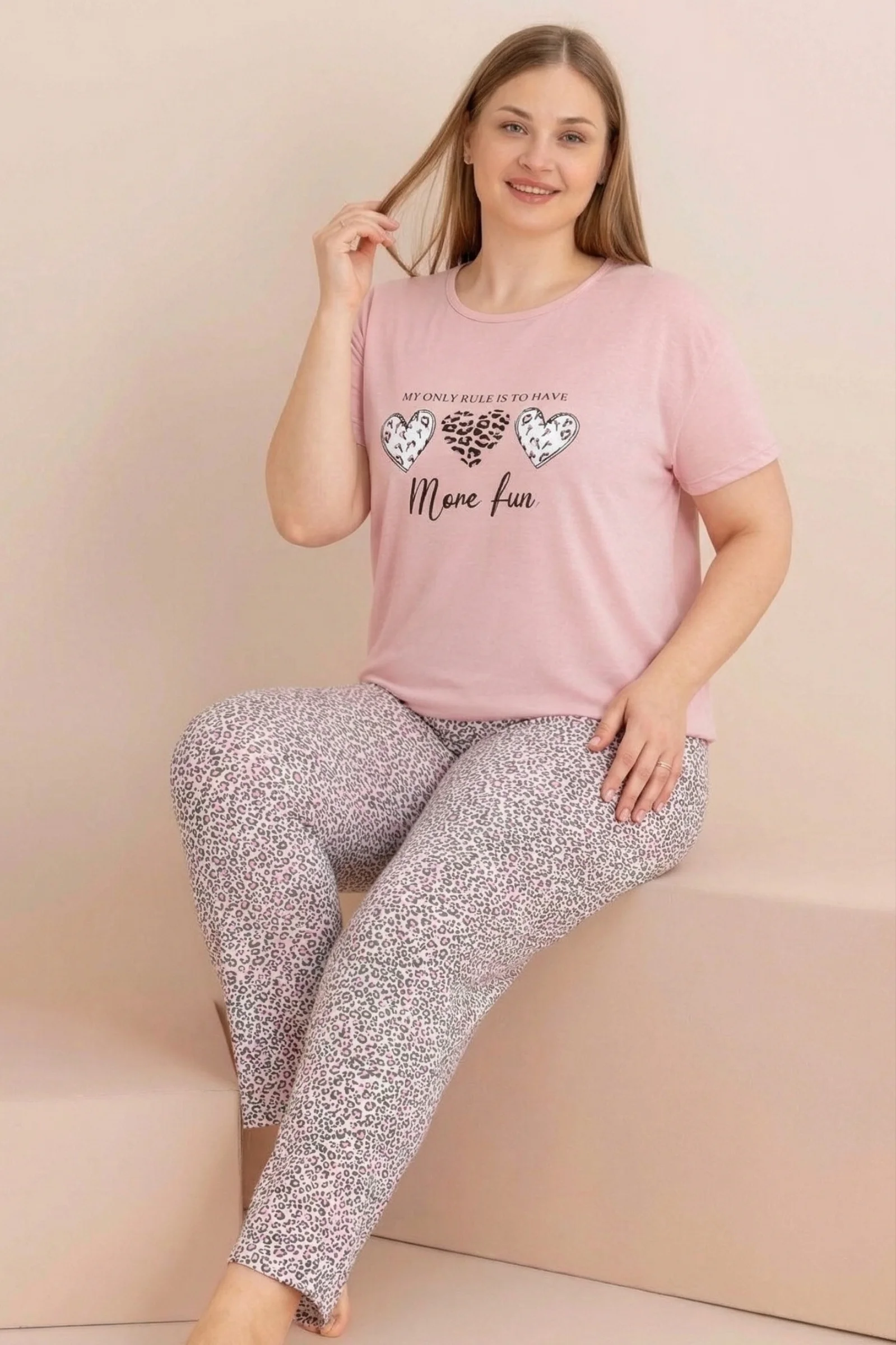 Büyük Beden Pamuklu Desenli Anne Kalıp Kısa Kollu Pijama Takımı, Leopar, L