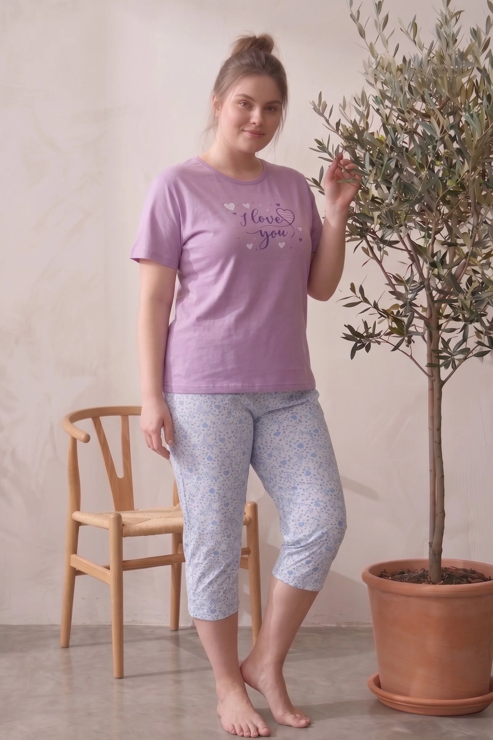 Büyük Beden Pamuklu Desenli Kısa Kollu Bermuda Kapri Pijama Takımı, Mor-Mavi, 2XL Fiyatı, Yorumları ve Özellikleri