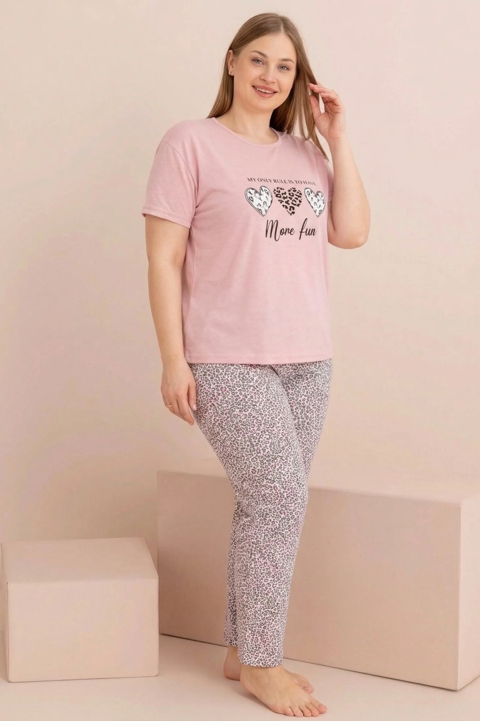 Büyük Beden Pamuklu Desenli Anne Kalıp Kısa Kollu Pijama Takımı, Leopar, L