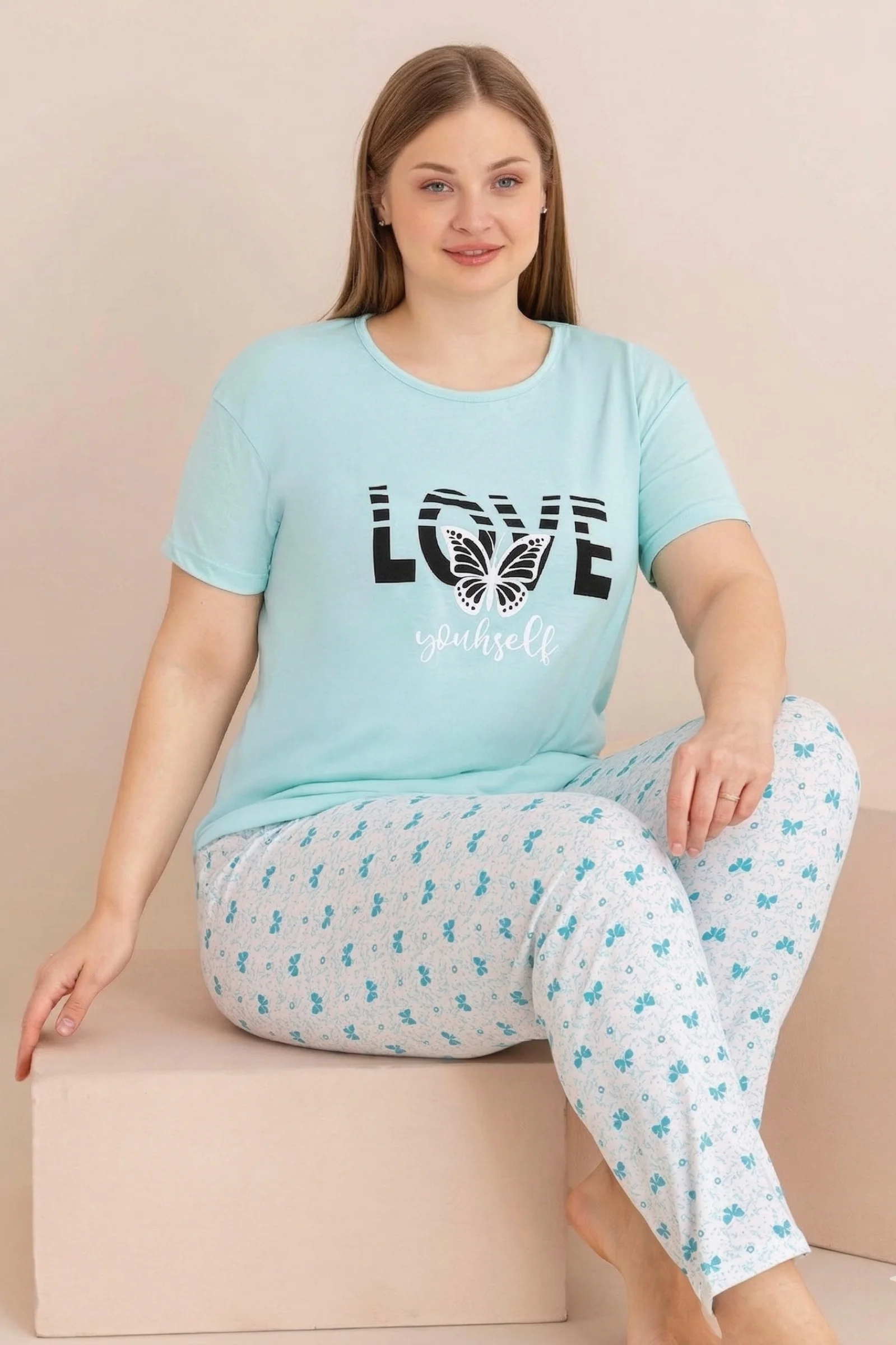Büyük Beden Pamuklu Desenli Anne Kalıp Kısa Kollu Pijama Takımı, Mavi, L